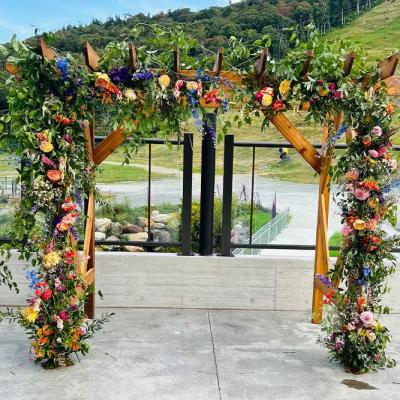 A vibrant floral arch with colorful flowers and greenery set against a scenic background.