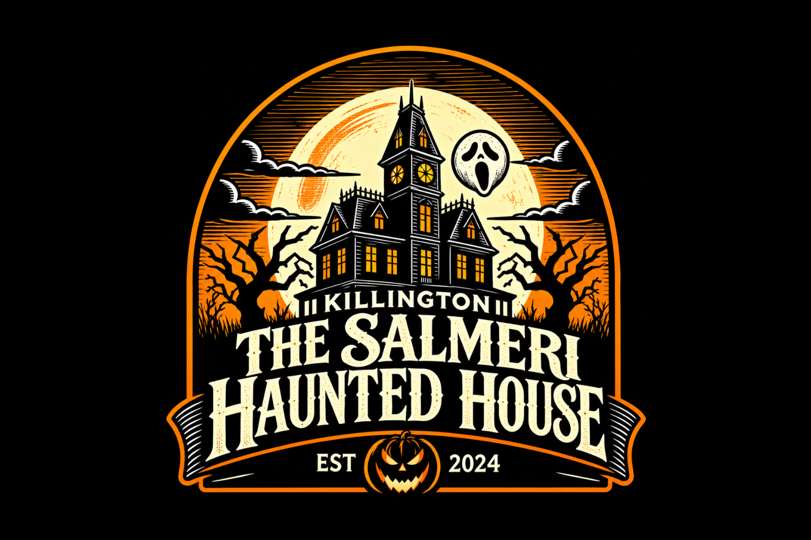 Logo for "The Salmeri Haunted House" in Killington, featuring a spooky house and Halloween theme.