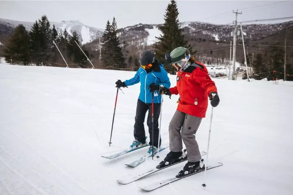 Two skiers practice on a snowy slope, surrounded by trees and mountains.