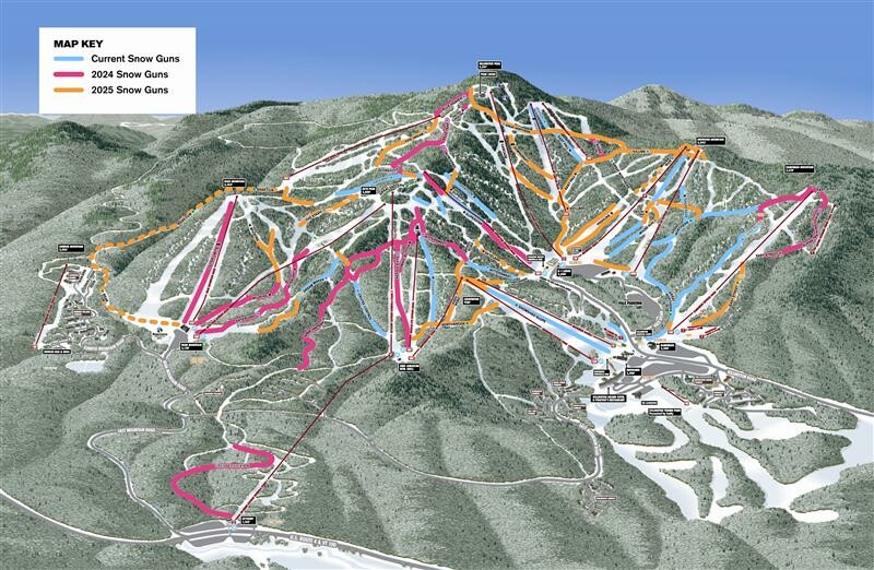 Killington trail map with areas highlighted based on snowgun coverage.