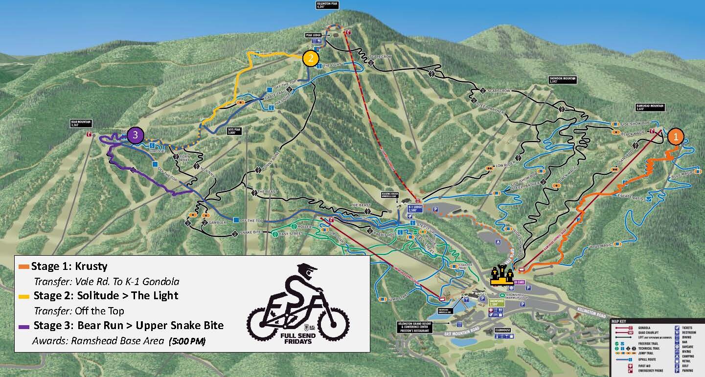 Map of bike trails for "Full Send Fridays" with stages and routes outlined.