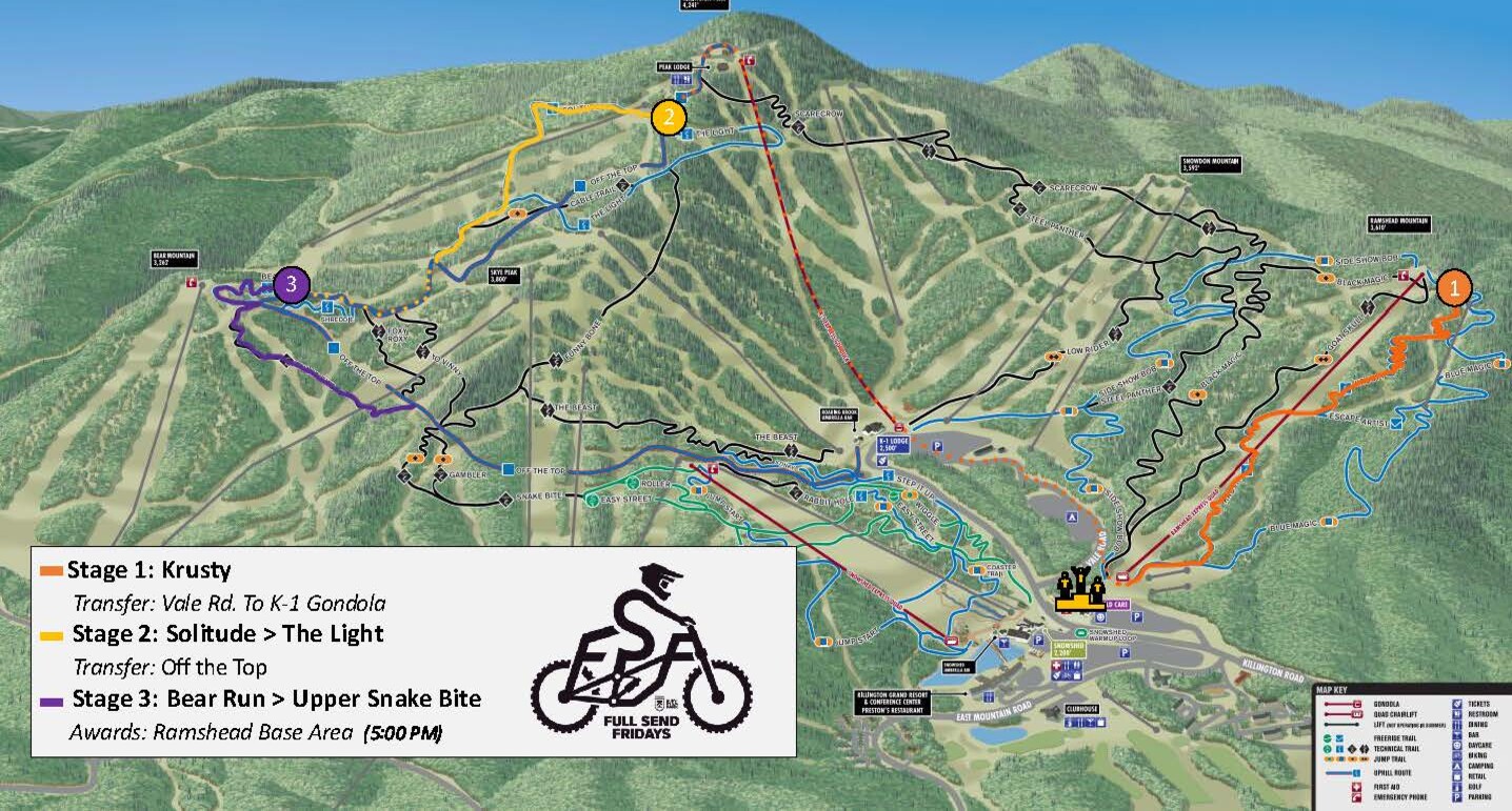Map depicting bike trails and race stages at a mountain resort, including route details.