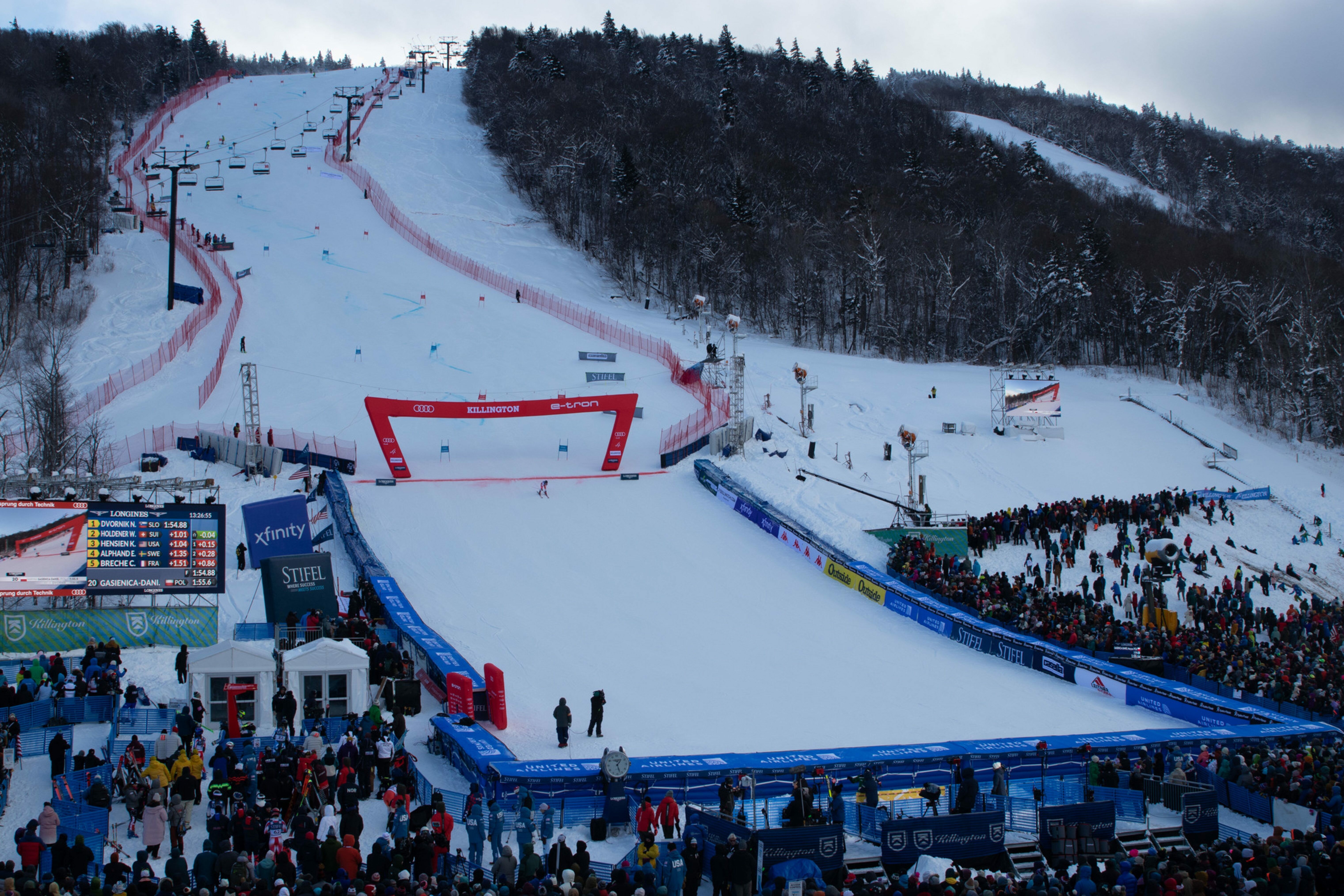 Ski race event at Killington, with spectators and snowy slopes in the background.