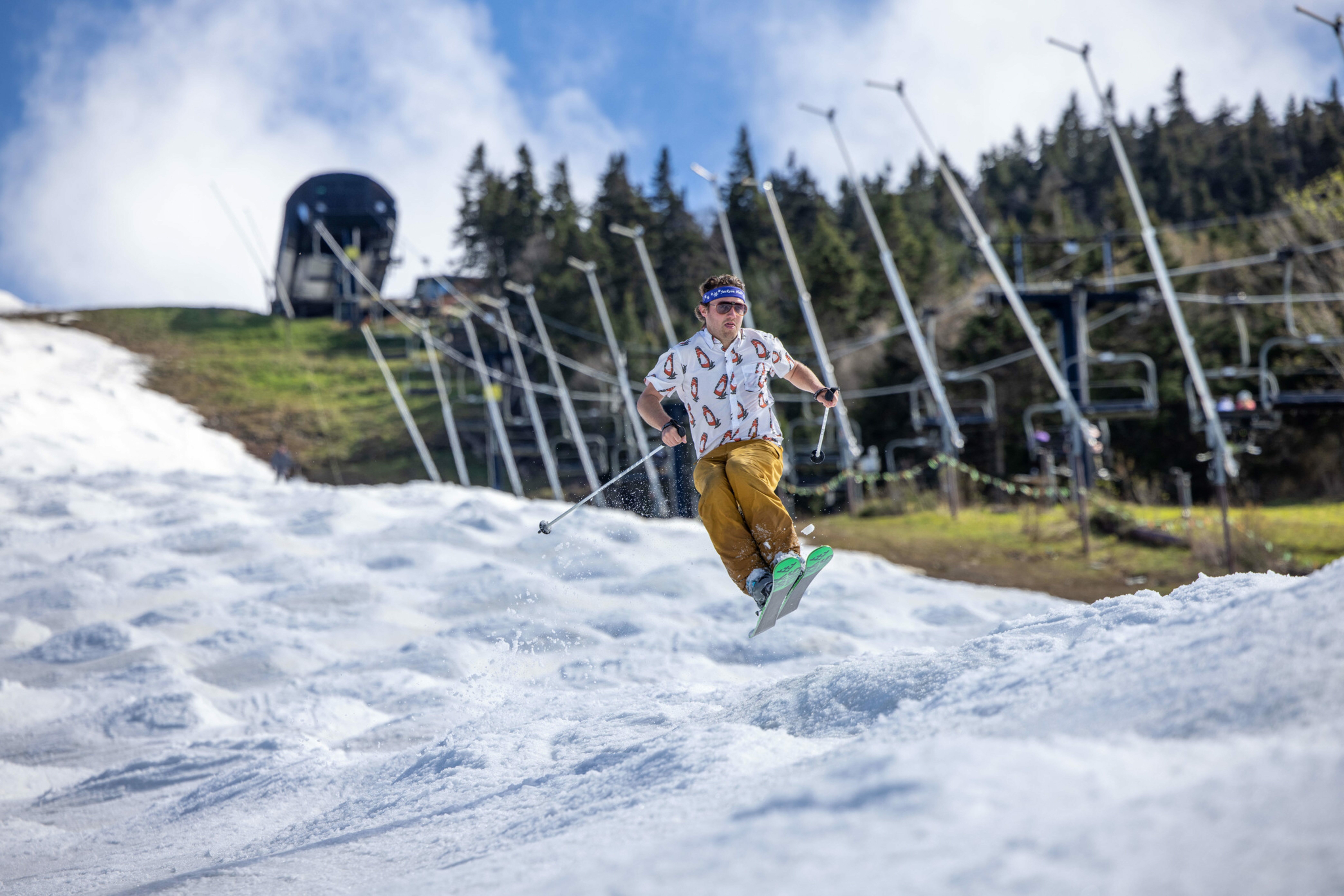 A skier navigates moguls during the springtime at Killington Resort.