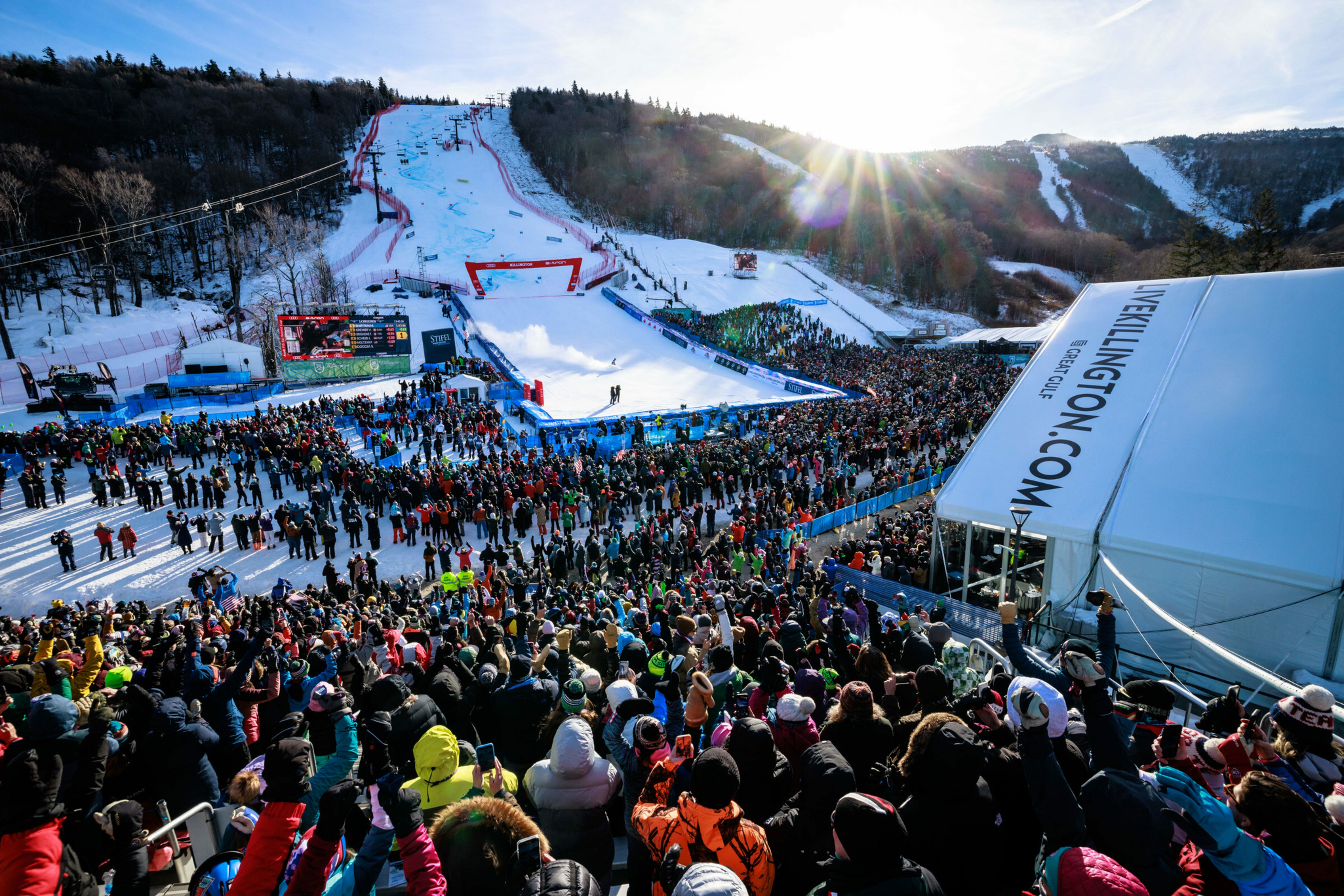 Crowd cheering at a ski event under a sunny sky with a snow-covered mountain backdrop.