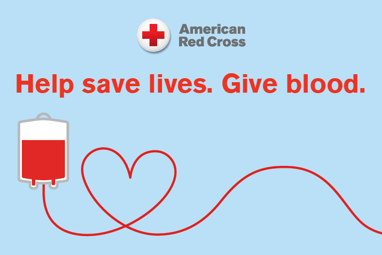 Red Cross campaign urging blood donation with a heart and blood bag illustration.