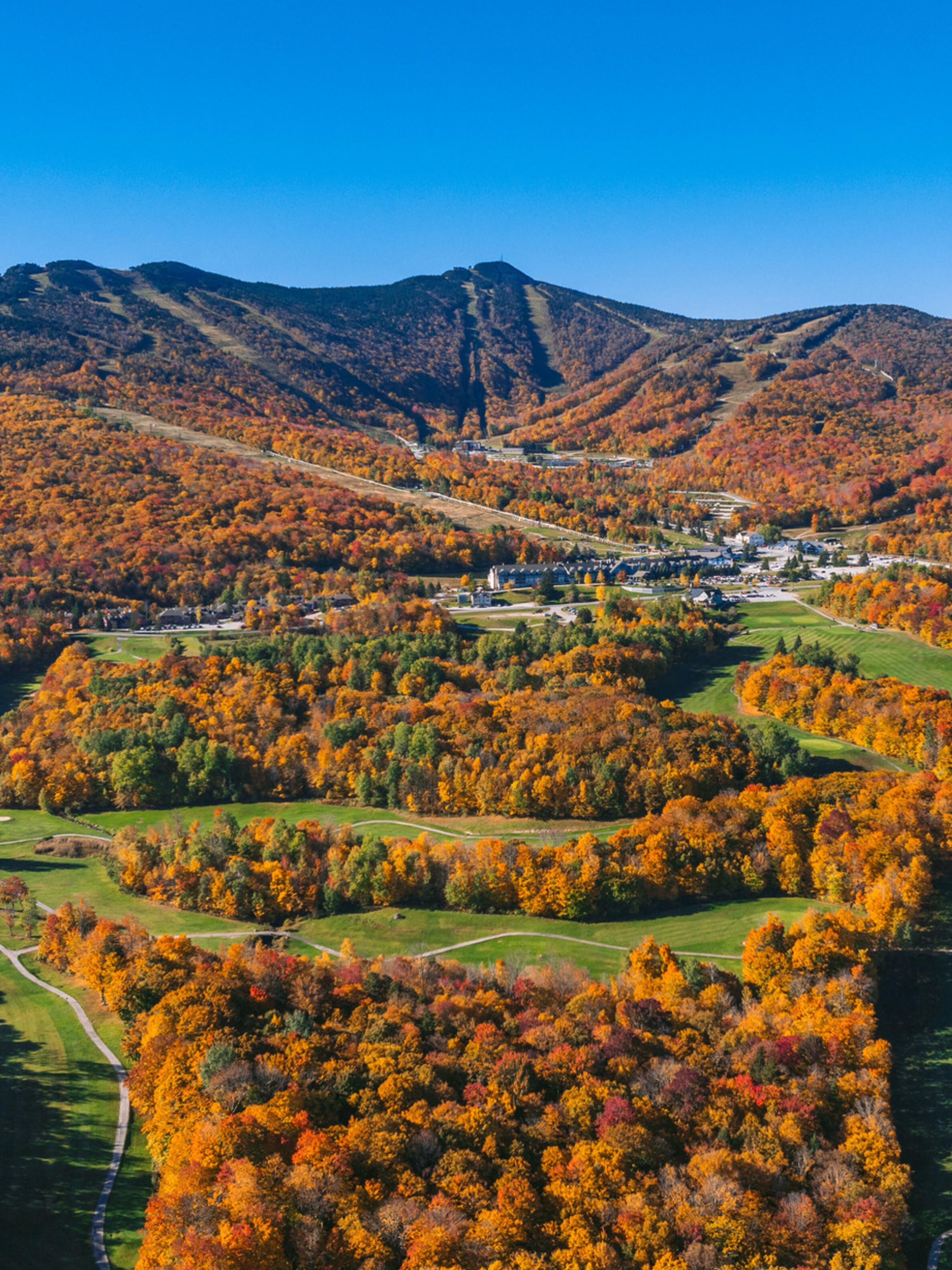 Vibrant autumn foliage surrounds rolling hills and a valley, under a clear blue sky.