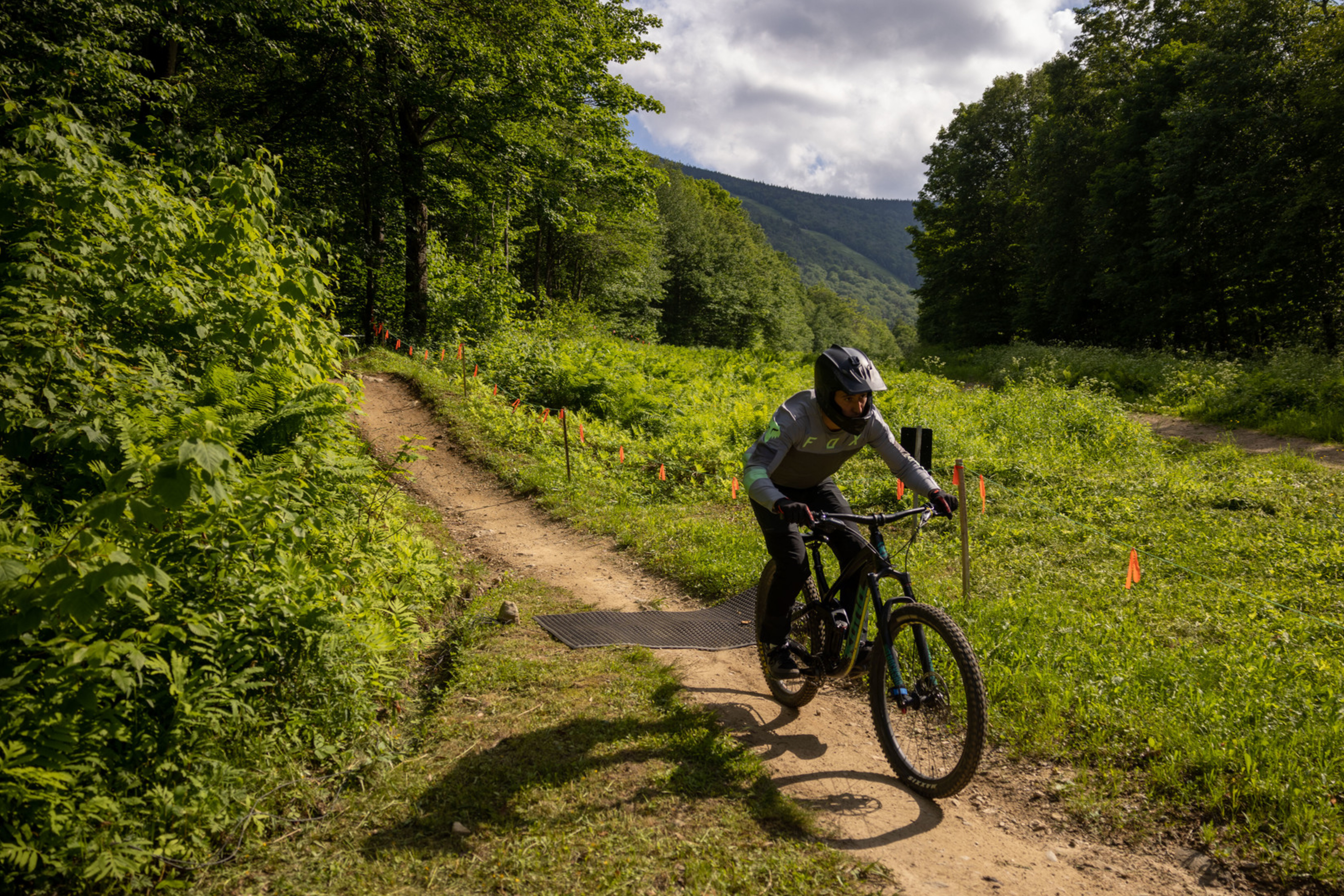 A mountain biker navigates a dirt trail surrounded by greenery and trees.