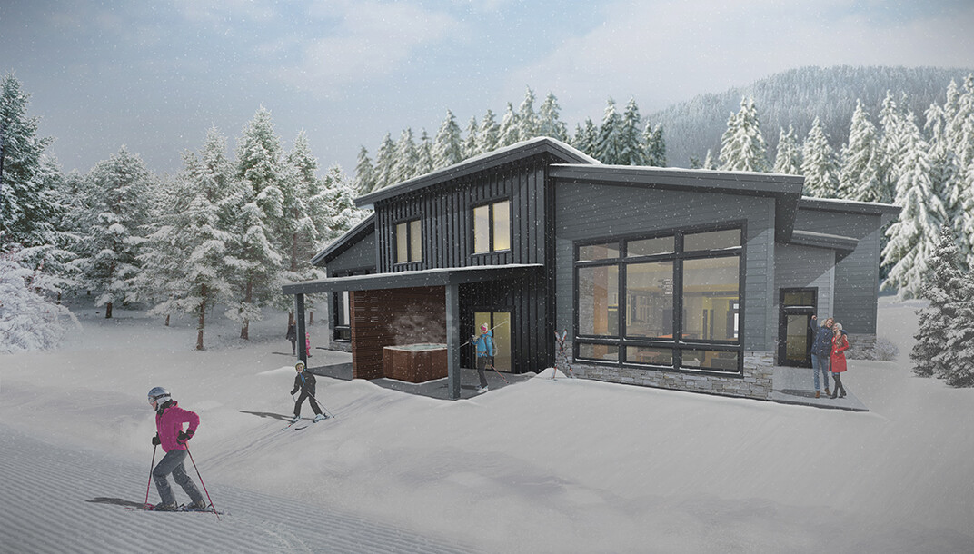 Modern cabin surrounded by snow, with people skiing and enjoying winter activities.
