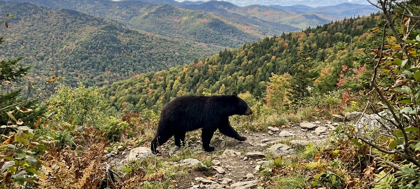 A black bear walks along a rocky path with colorful mountains in the background.