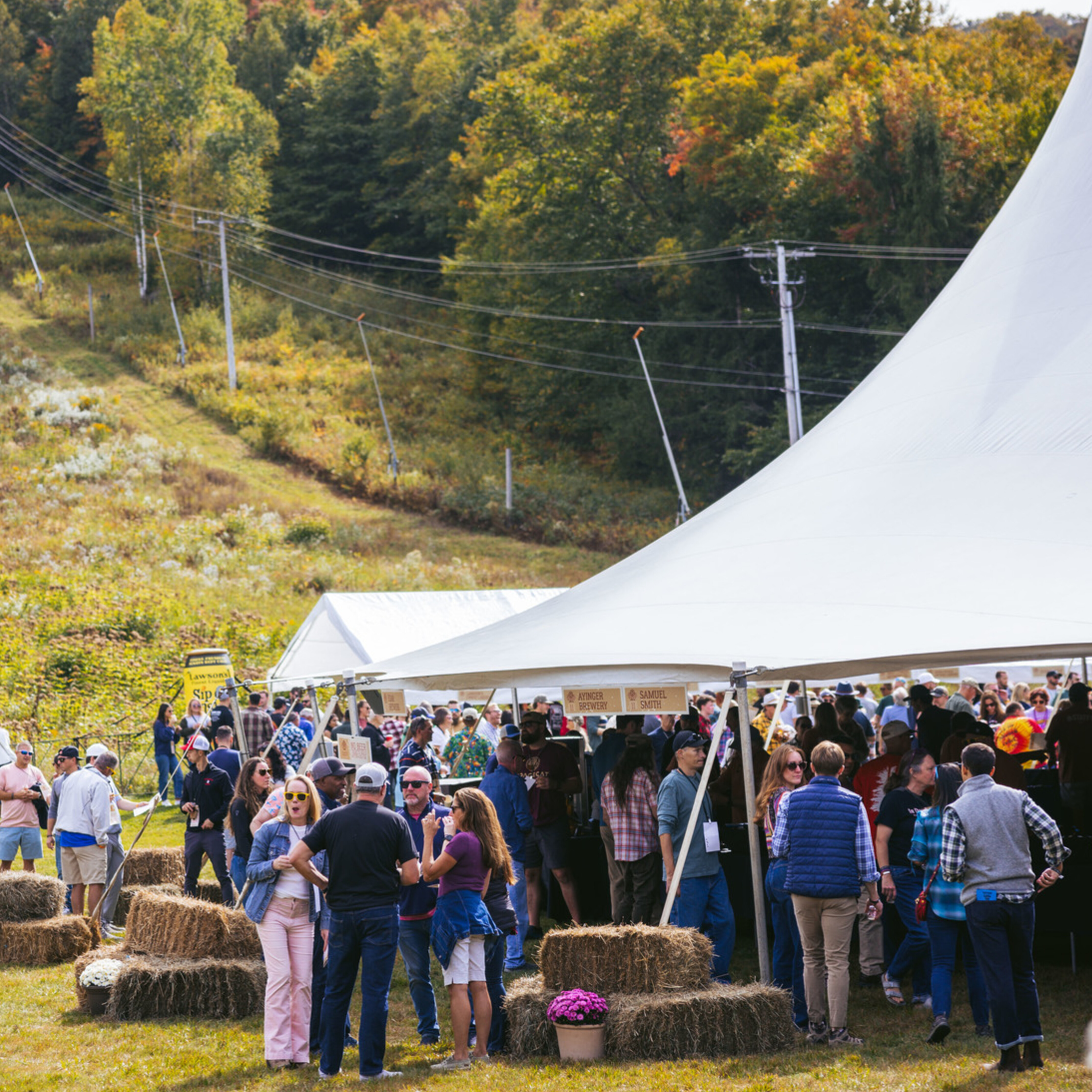 Crowd enjoying an outdoor event under a large tent in a scenic fall setting.
