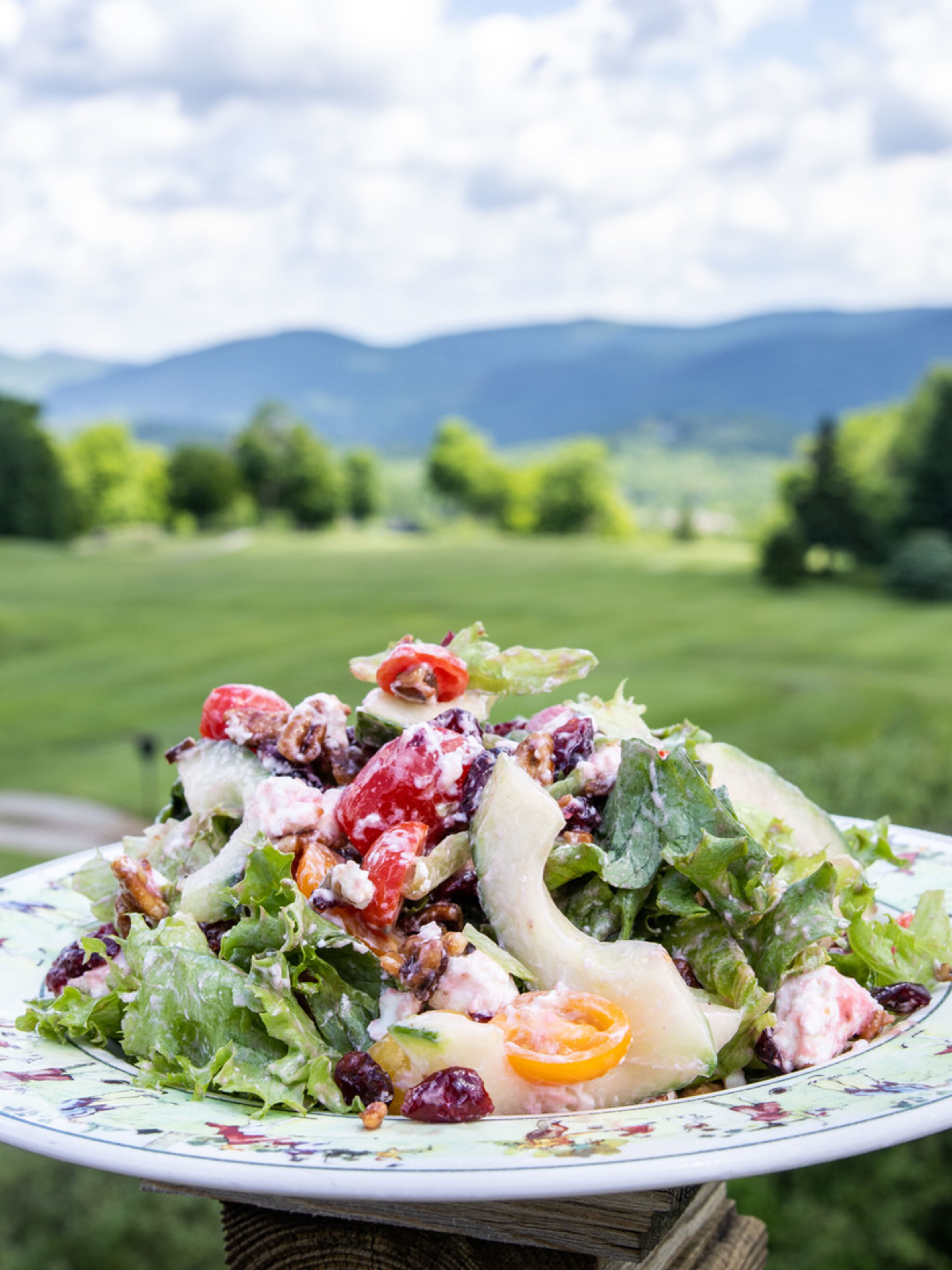A vibrant salad with greens, fruits, and nuts, set against a scenic mountain backdrop.