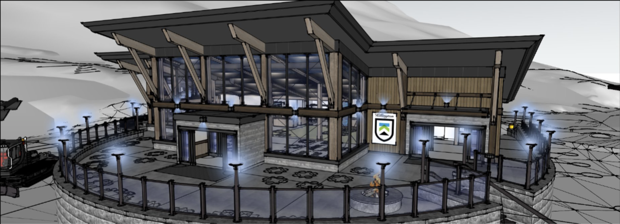 Architectural rendering of a modern lodge with a circular patio and surrounding lighting.