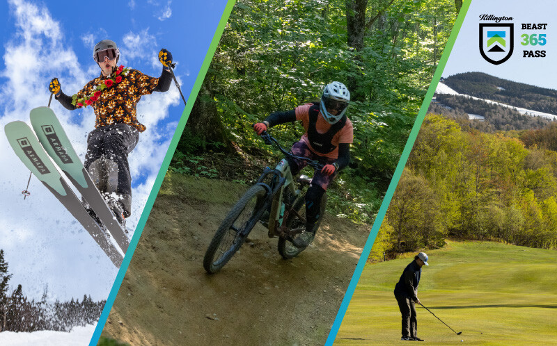 Three separate photos show people skiing, mountain biking, and golfing during springtime at Killington Resort