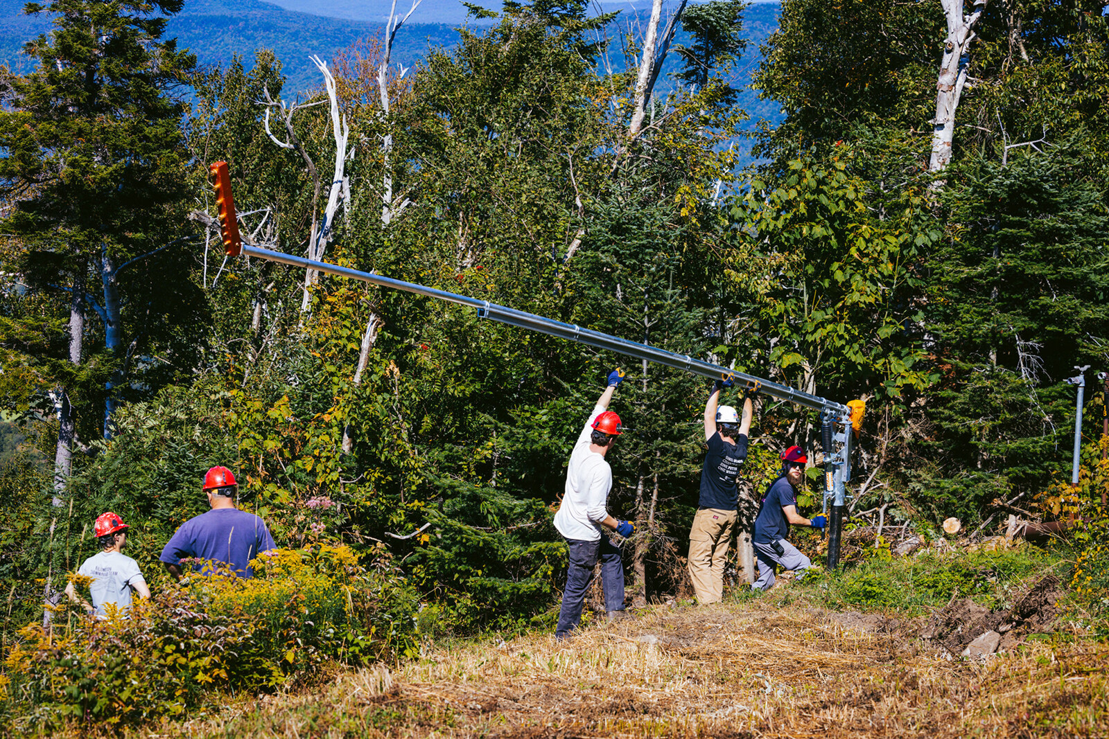 Workers installing new snowgun towers in a forested area.