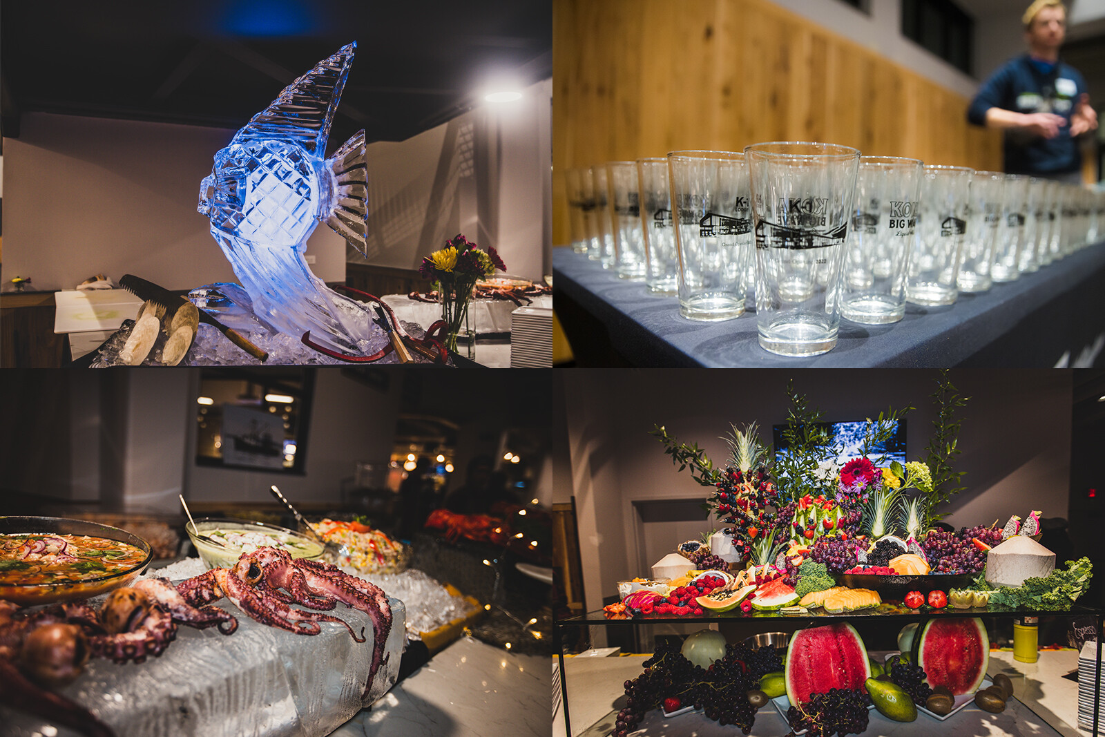 Collage of event decor, featuring an ice sculpture, drinks, seafood, and a fruit display.