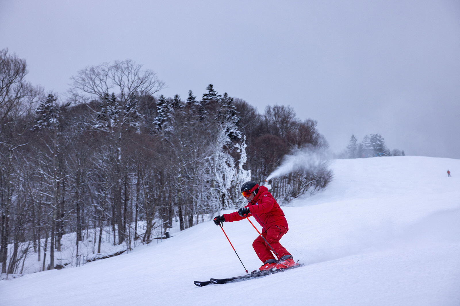 A skier in a red outfit glides down a snowy slope surrounded by trees.