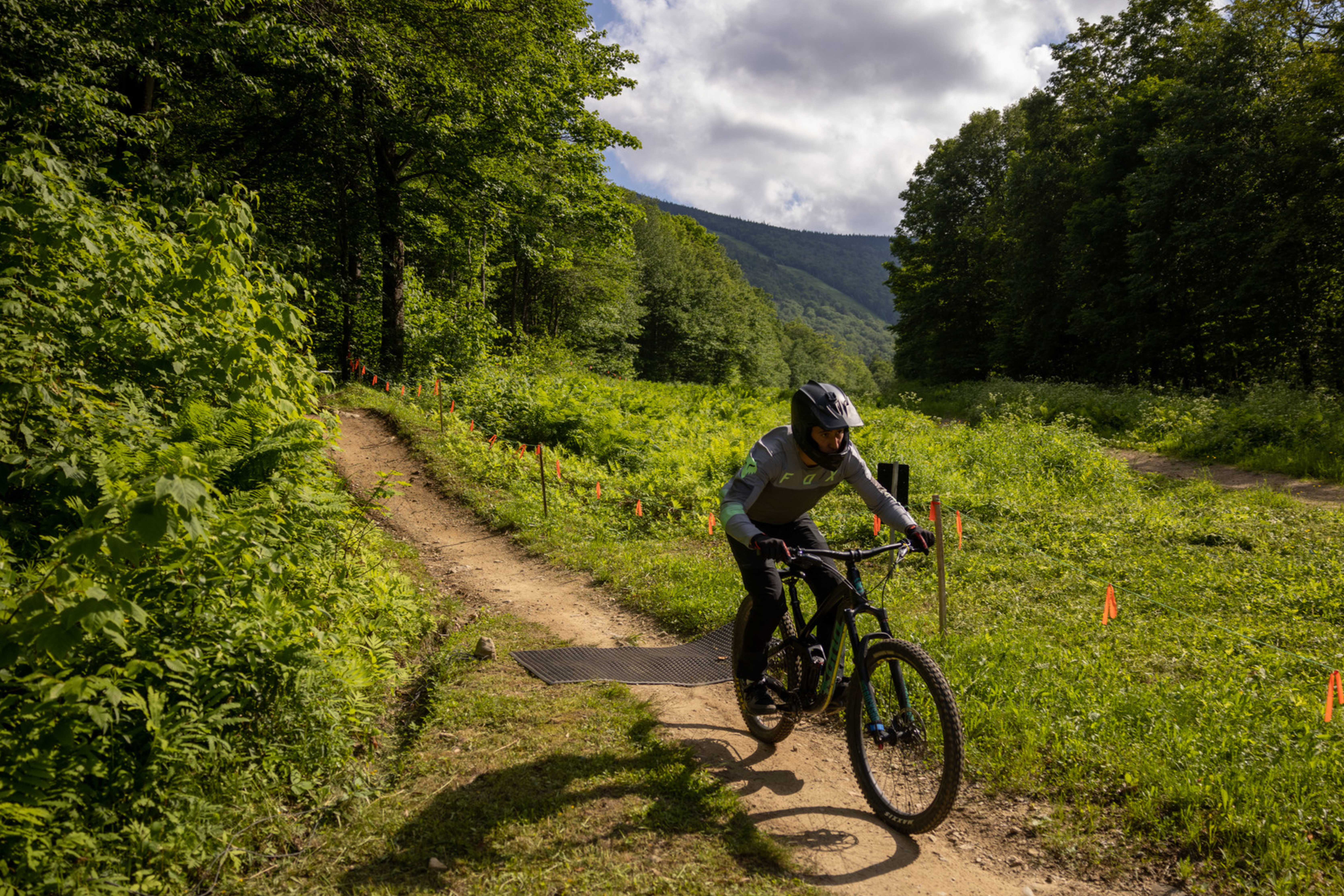 A mountain biker navigates a trail in a lush, green forest.