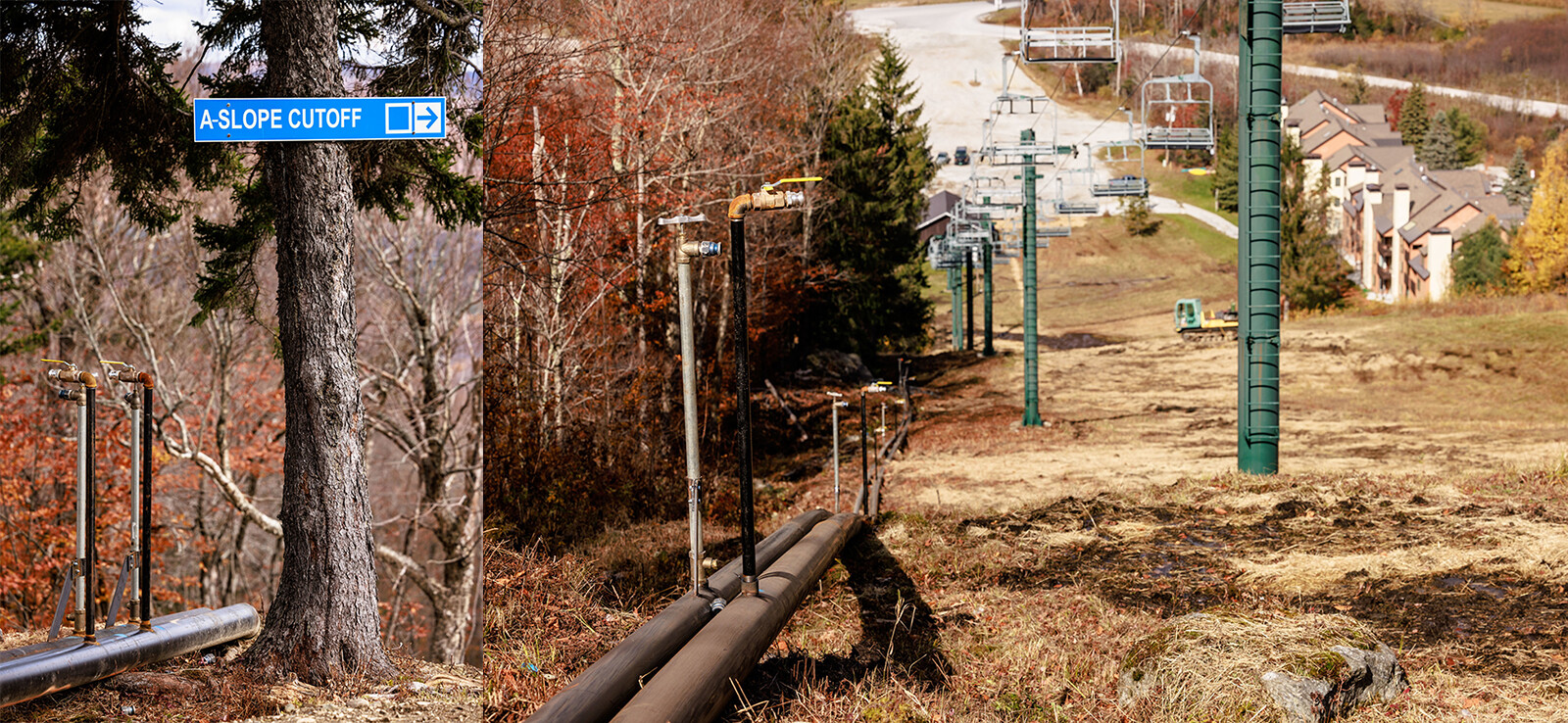 Sign indicating "A-Slope Cutoff" near ski lift infrastructure in autumn foliage.