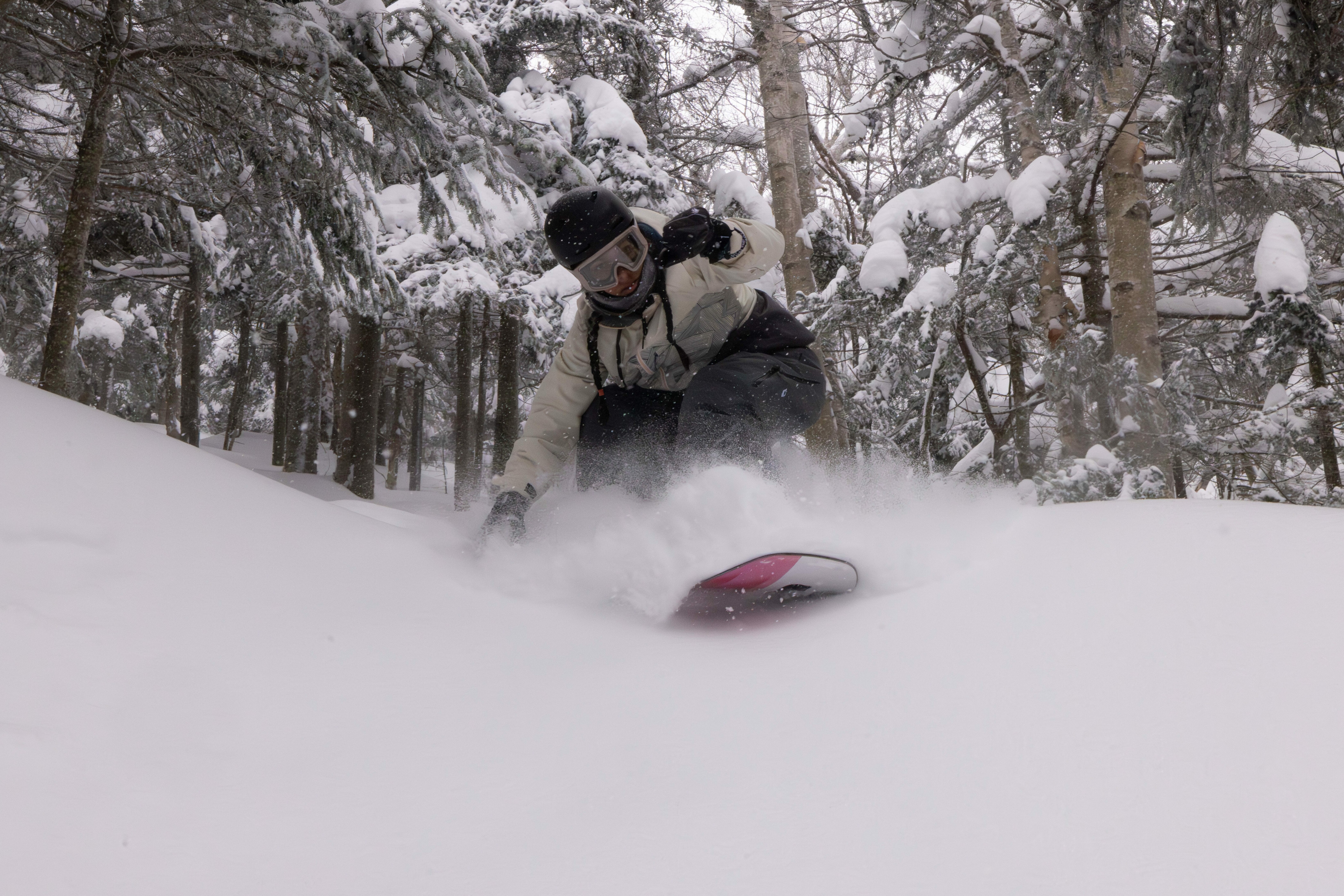 Snowboarder carving through deep powder in a snowy forest.