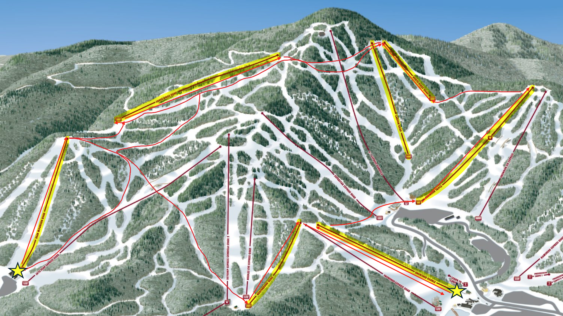 Ski resort trail map showing routes and lift locations on a snowy mountain landscape.