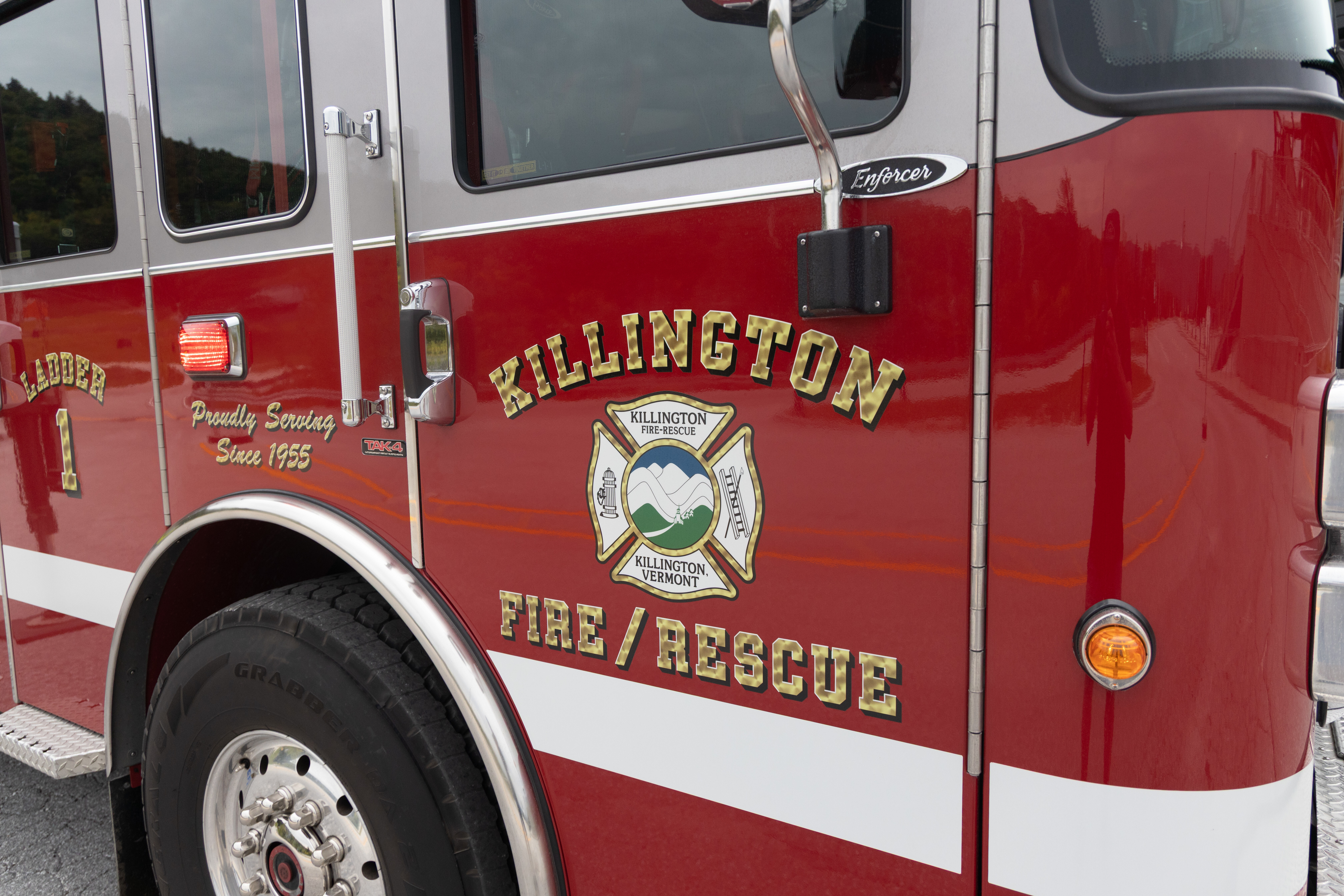 Red fire truck with "Killington Fire/Rescue" emblem and ladder number 1.
