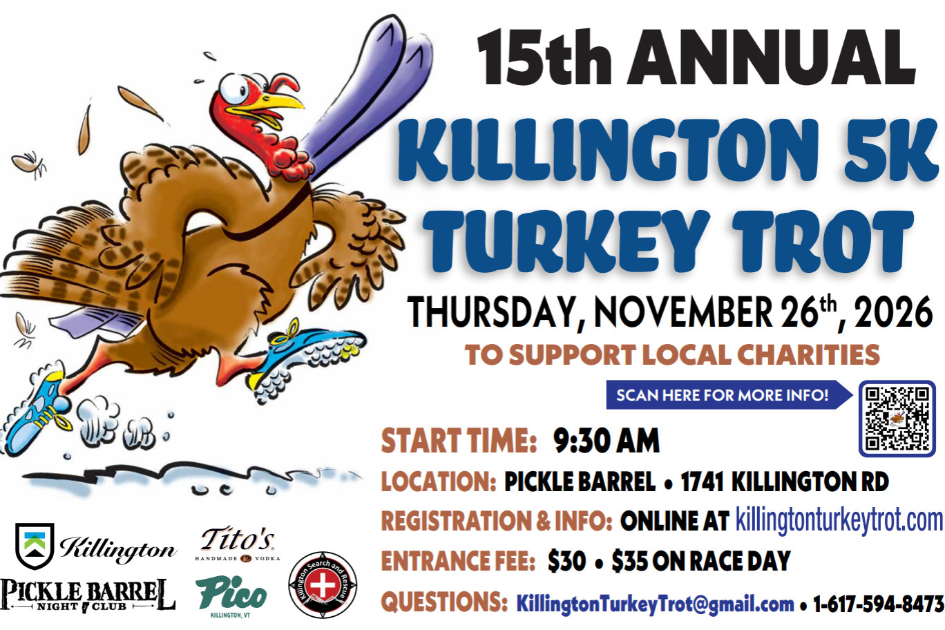 A flyer describing the 15th Annual Killington 5K Turkey Trot on November 26, 2026, at the Pickle Barrel.