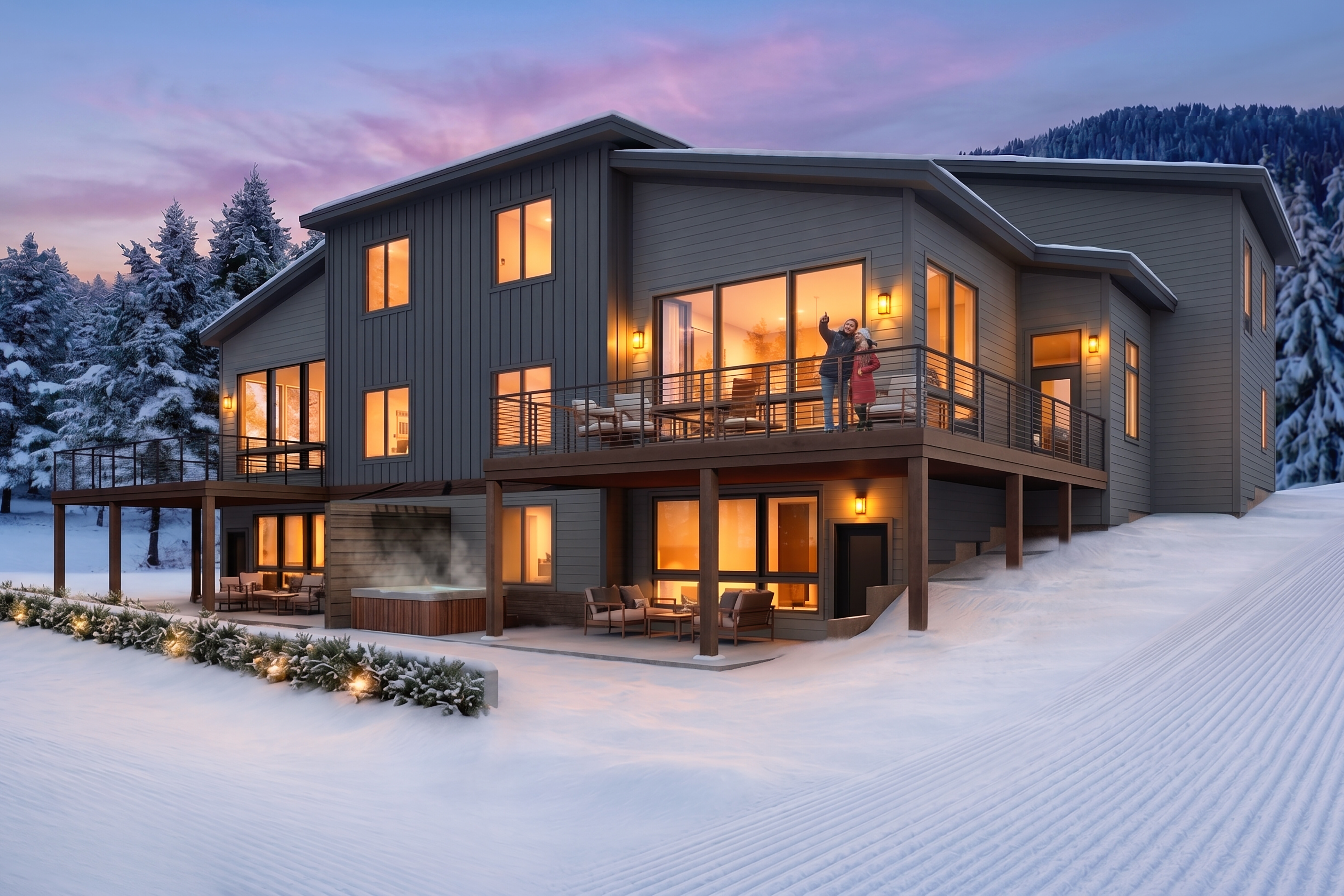 Modern house in snow with two people on the deck, surrounded by pine trees at sunset.