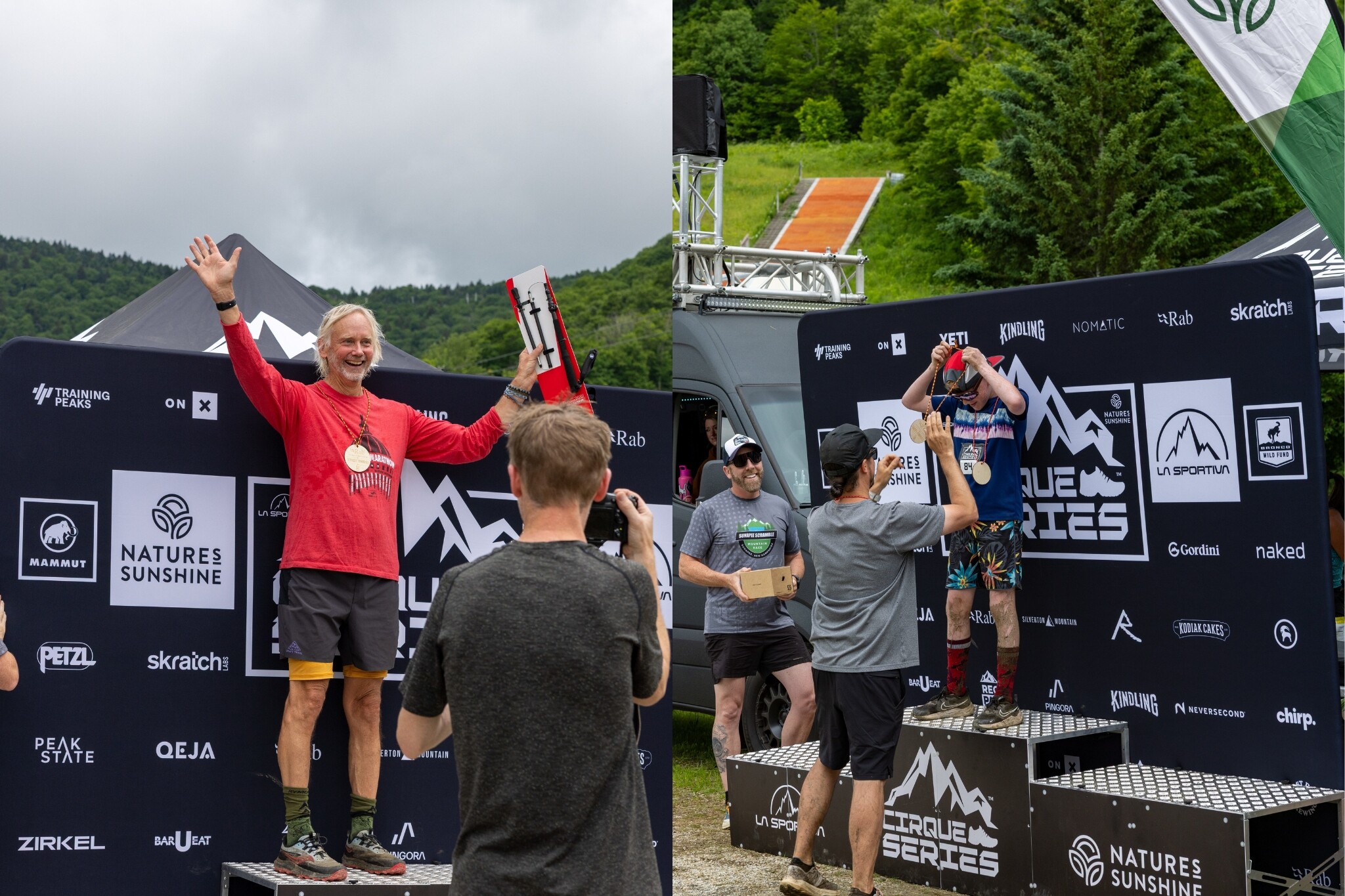Award winners pose on podiums at Cirque Series in Killington