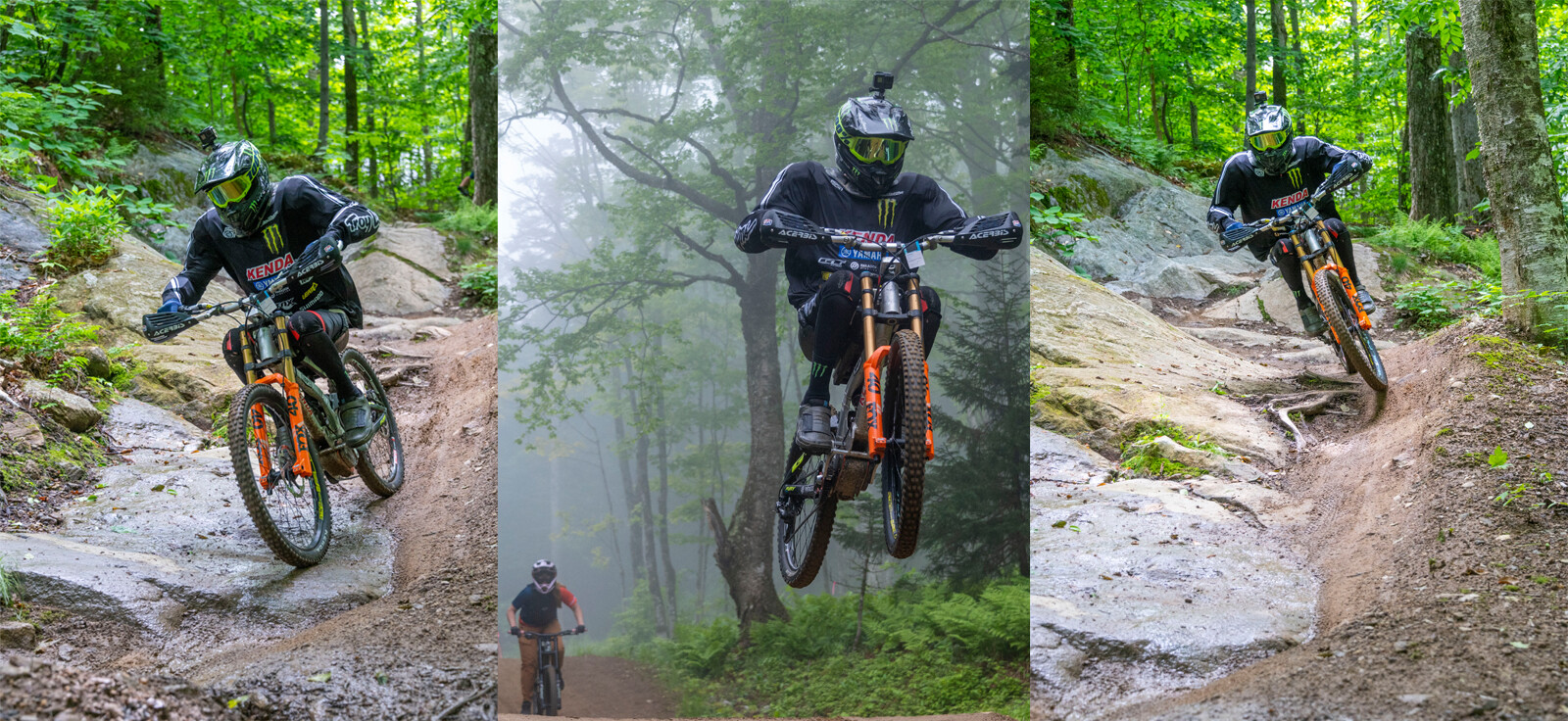 Mountain biker navigating rocky trails in a lush, green forest setting.