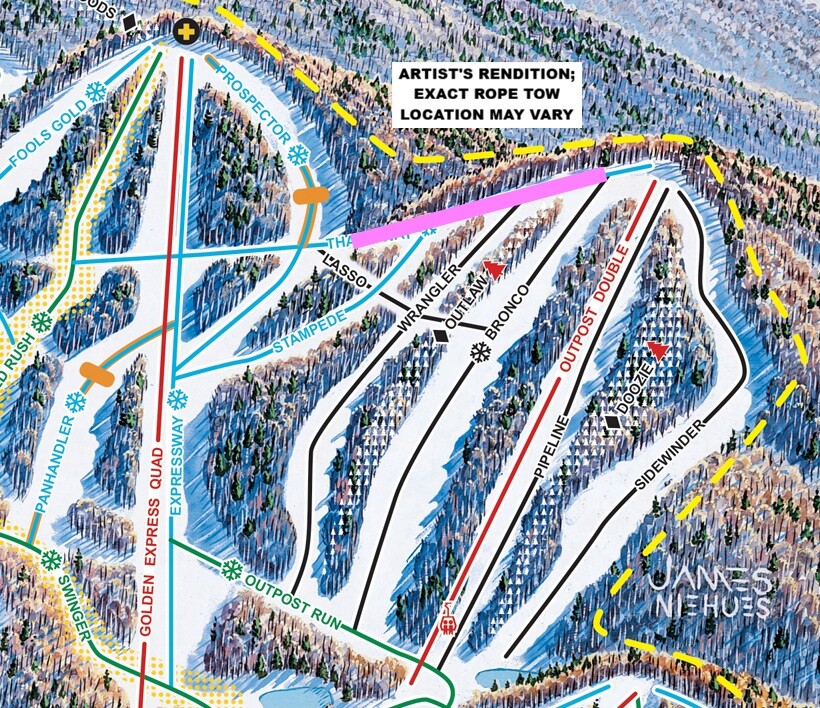 Screenshot of Pico Mountain's trail map with temporary rope tow location added on