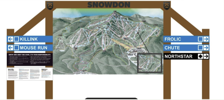 Ski trail map of Snowdon with routes and warnings at trailhead sign.
