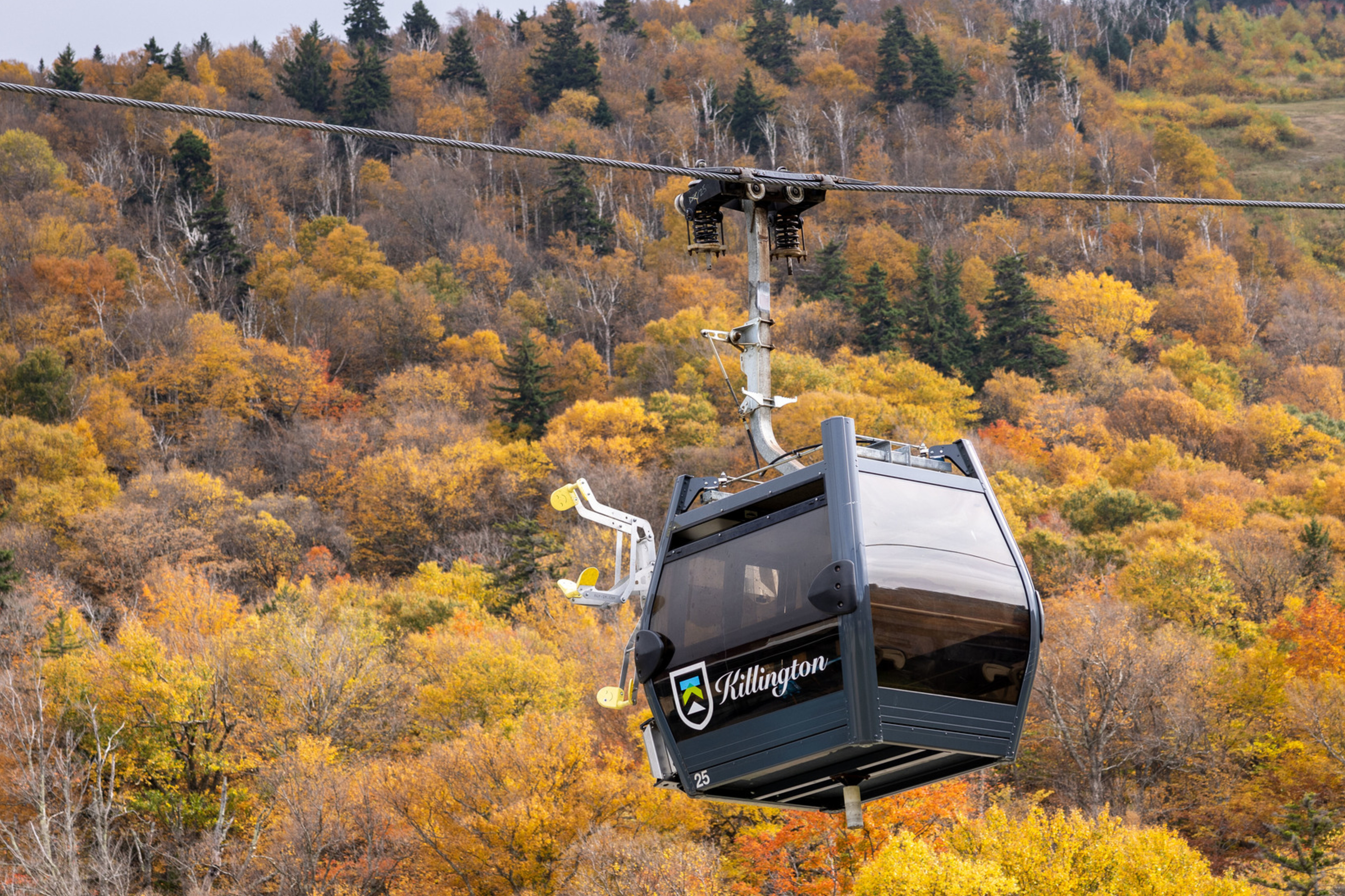 A gondola cabin floats above vibrant autumn foliage in Killington, Vermont.