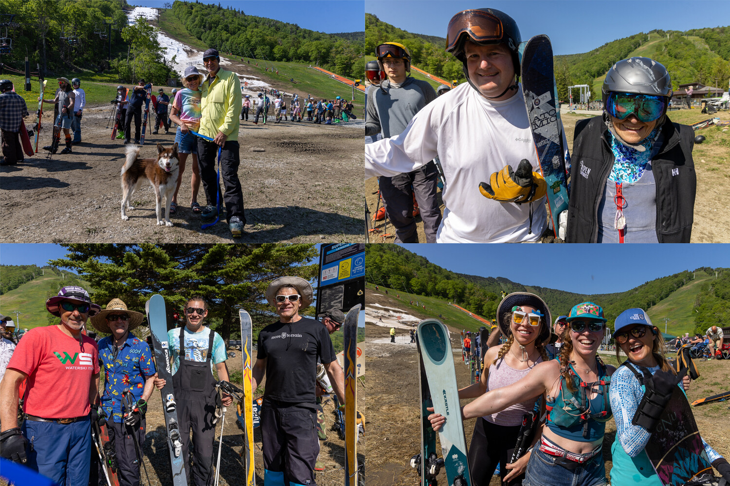 Skiers and snowboarders pose together at a ski resort on a sunny day.