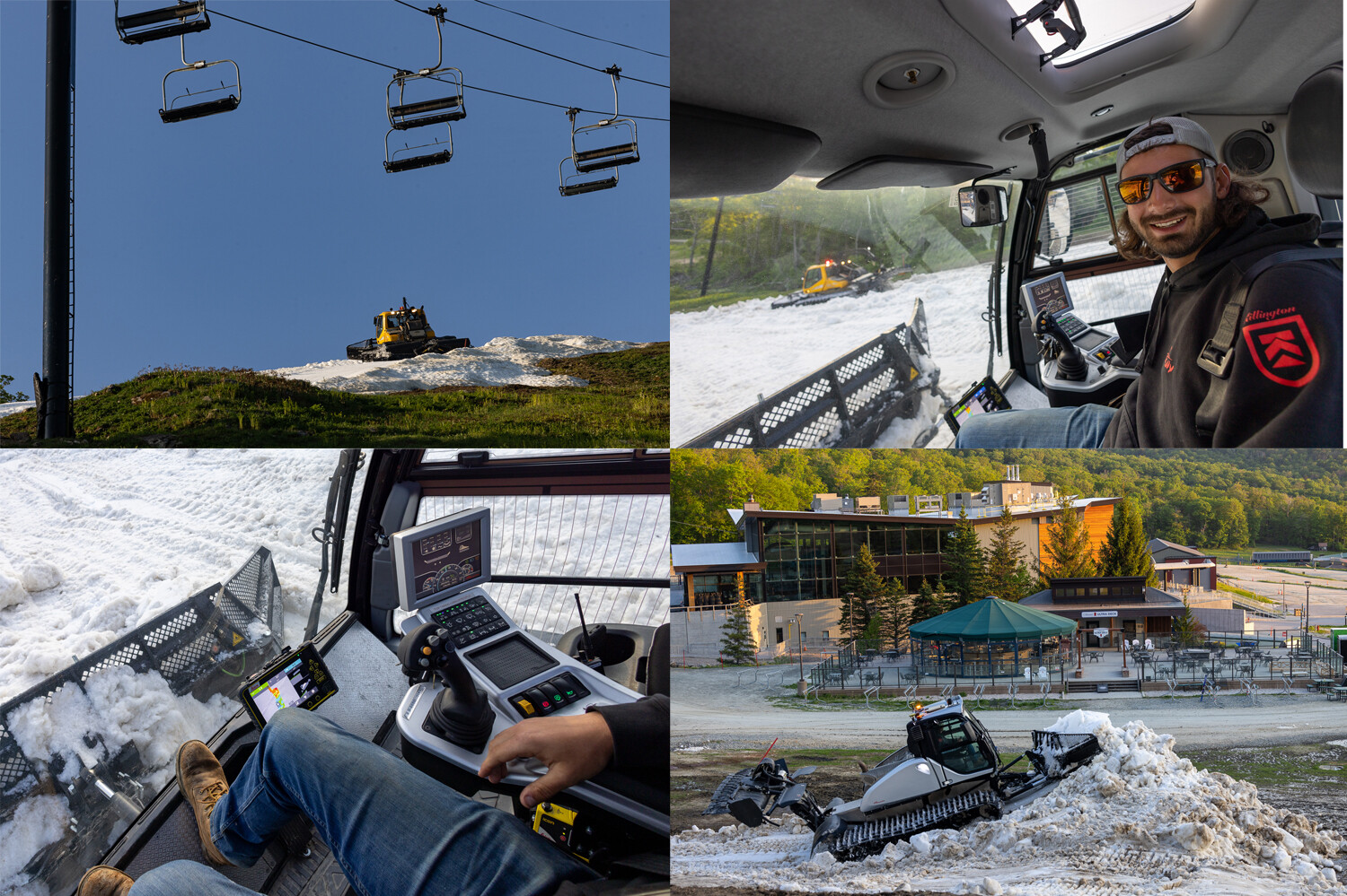 Collage of ski area: snow groomer, chairlift, driver in cab, and resort building.