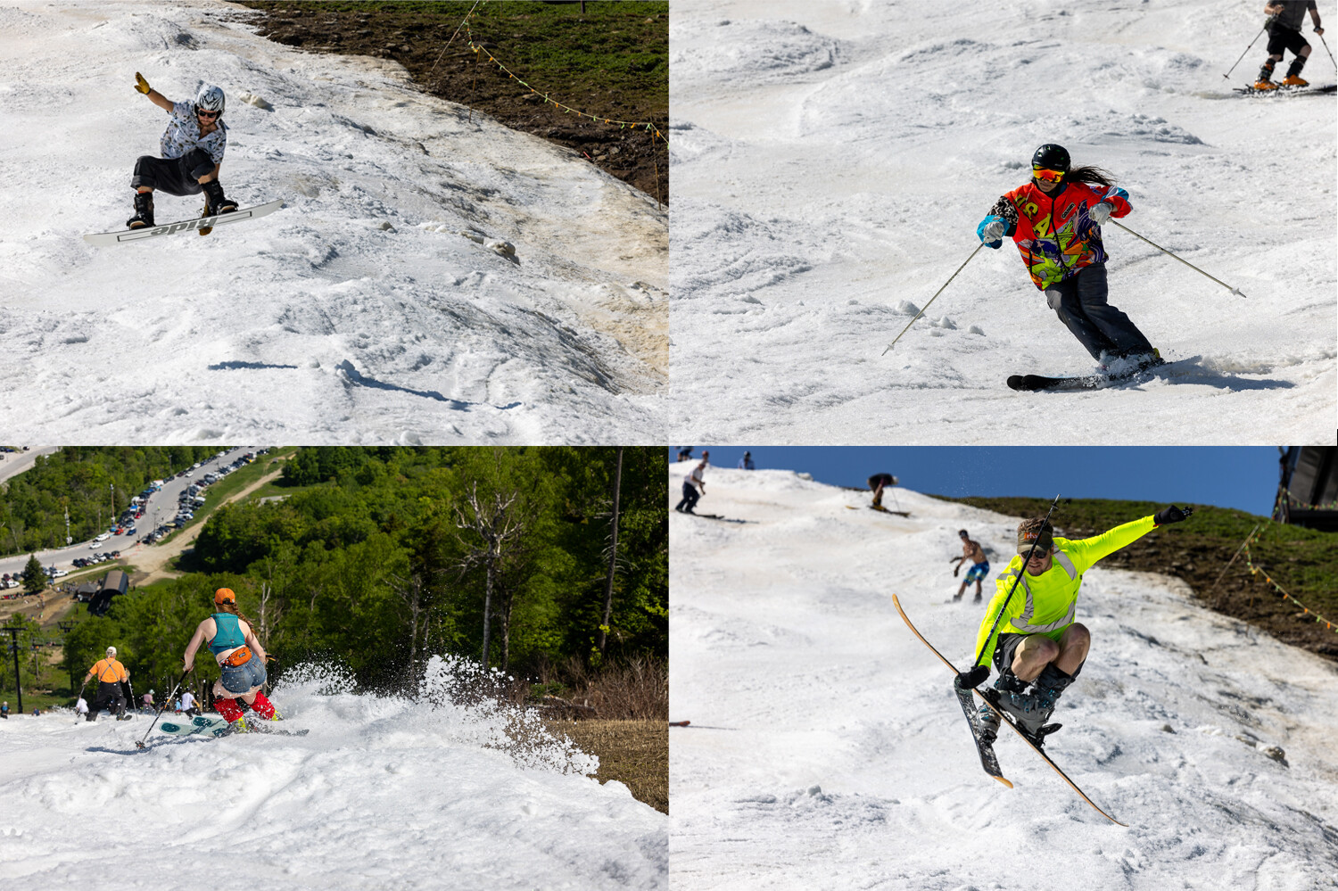 Four scenes of skiers and snowboarders enjoying spring snow on a hill.