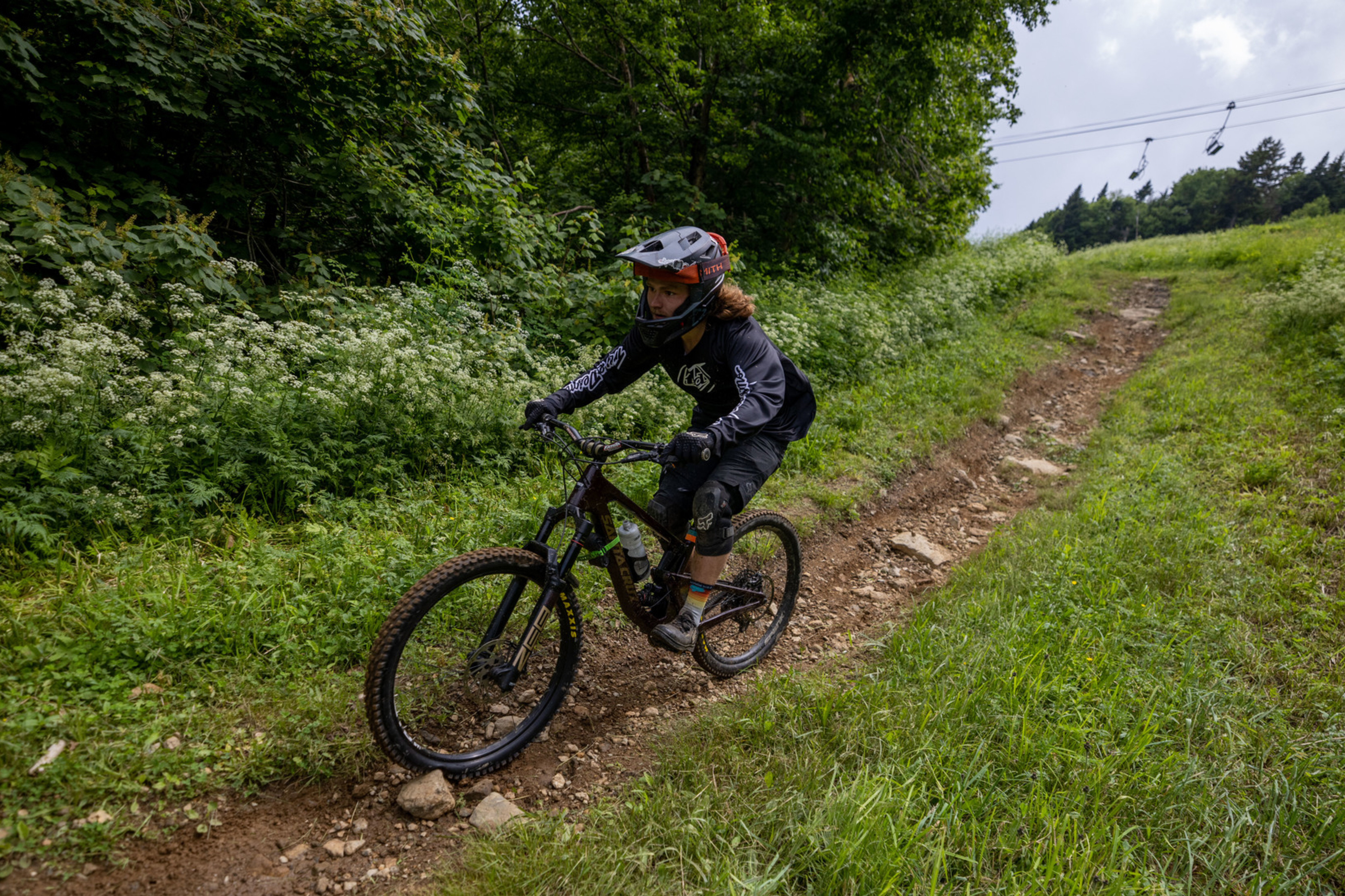 A mountain biker navigates a dirt trail surrounded by greenery.