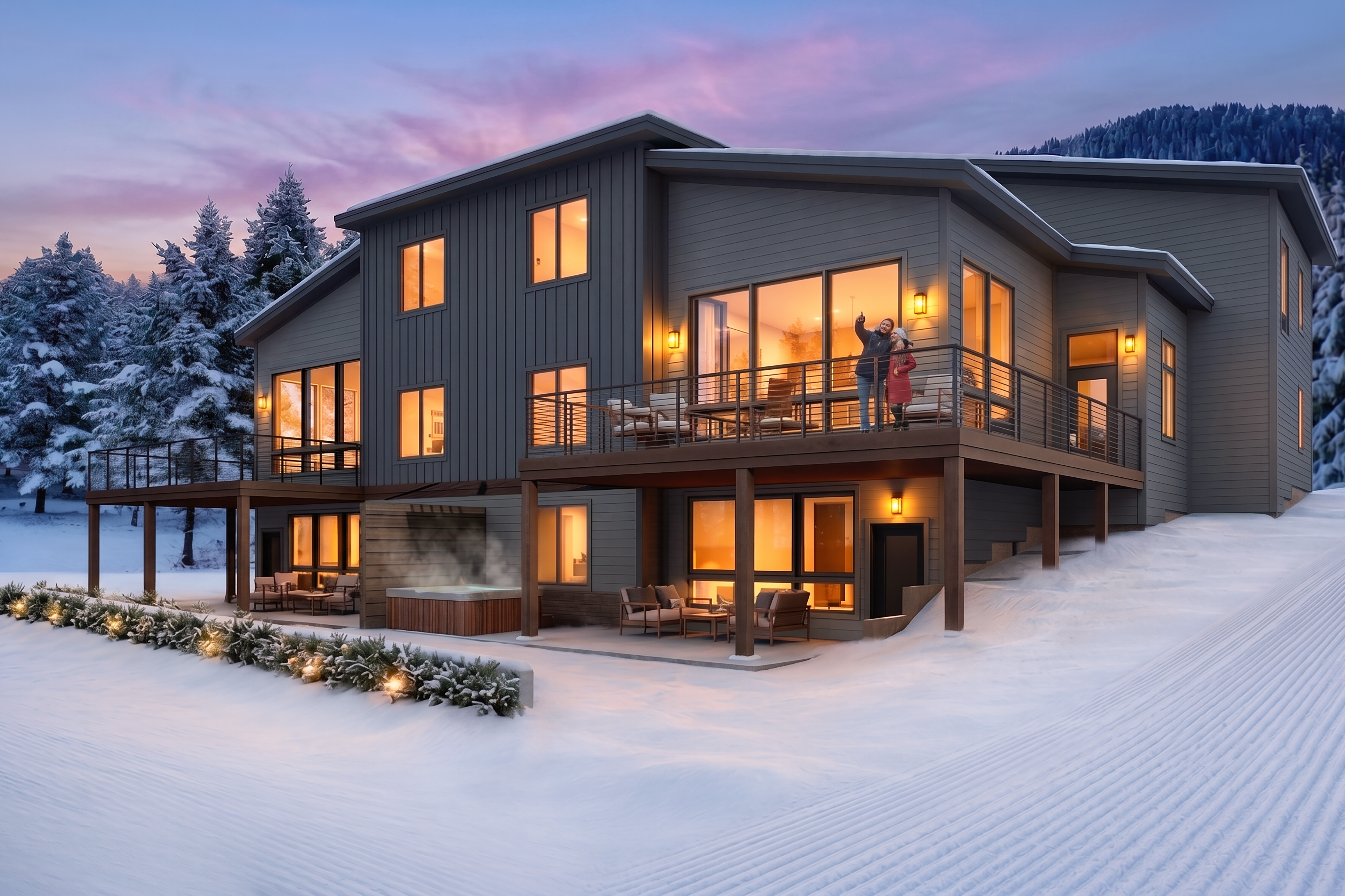 Modern snowy cabin with warm lighting, a hot tub, and two people on the balcony.