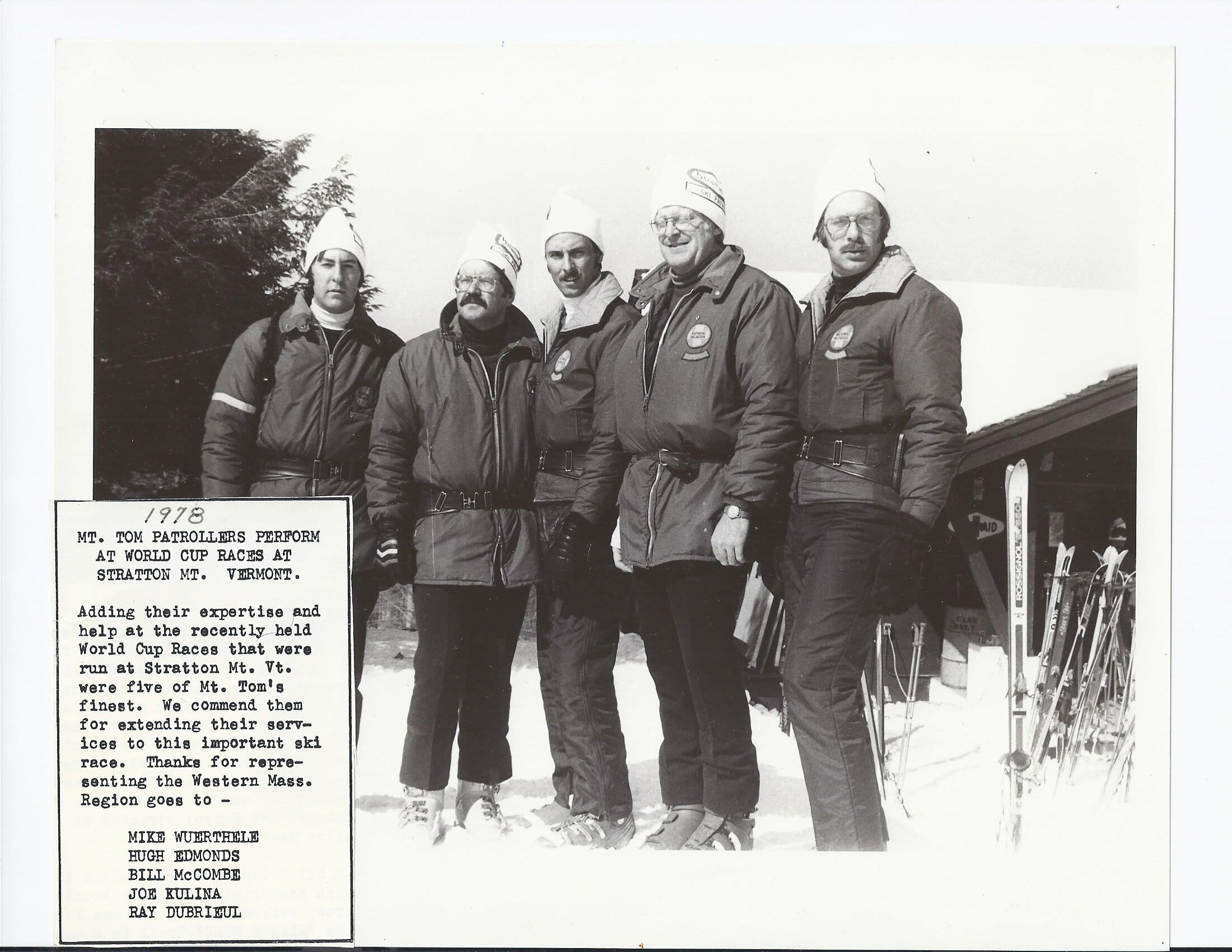 Five ski patrollers pose at Stratton Mountain, Vermont, during the 1978 World Cup races.