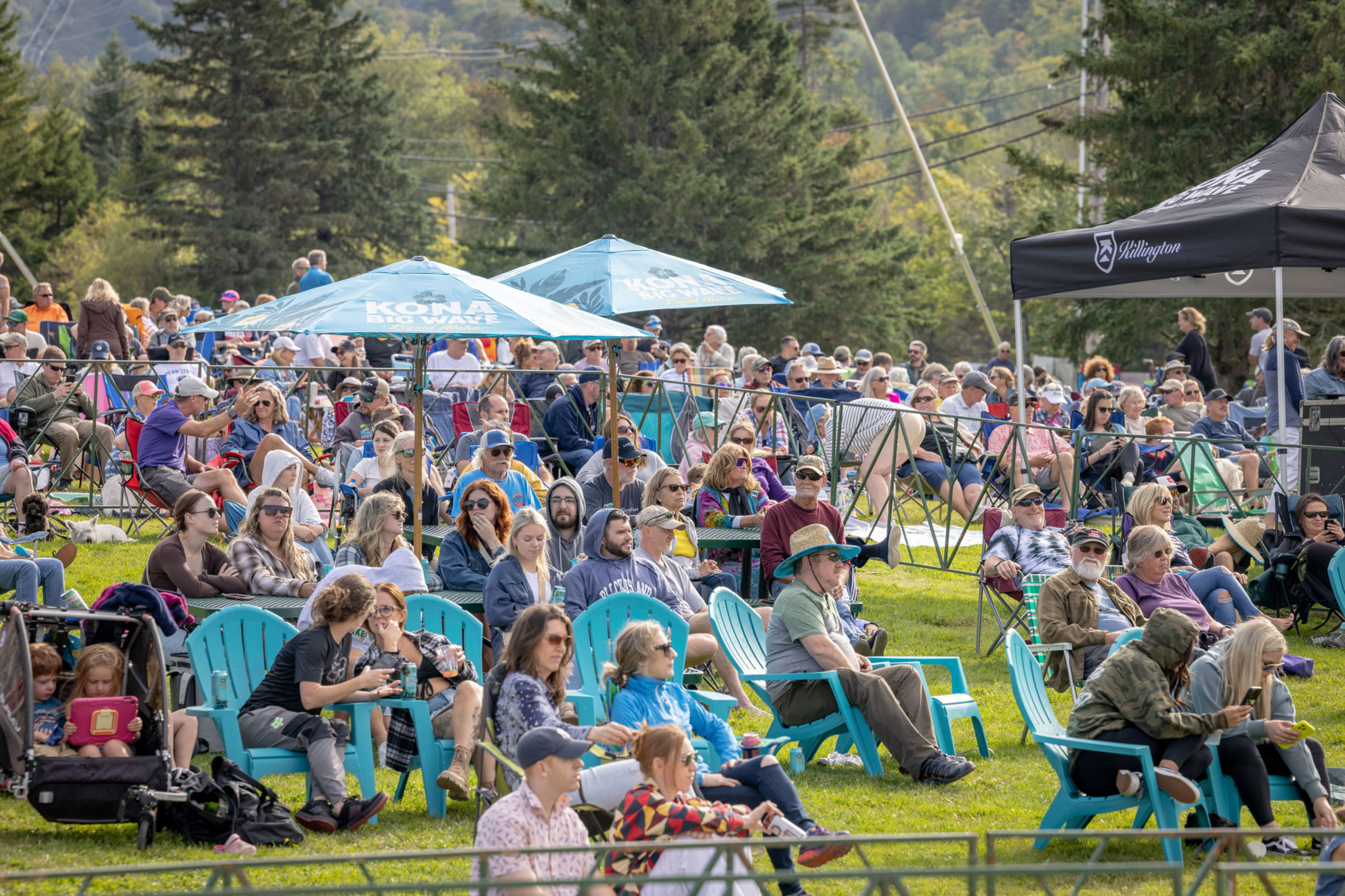 A large crowd enjoys a music festival, seated on lawn chairs under umbrellas.