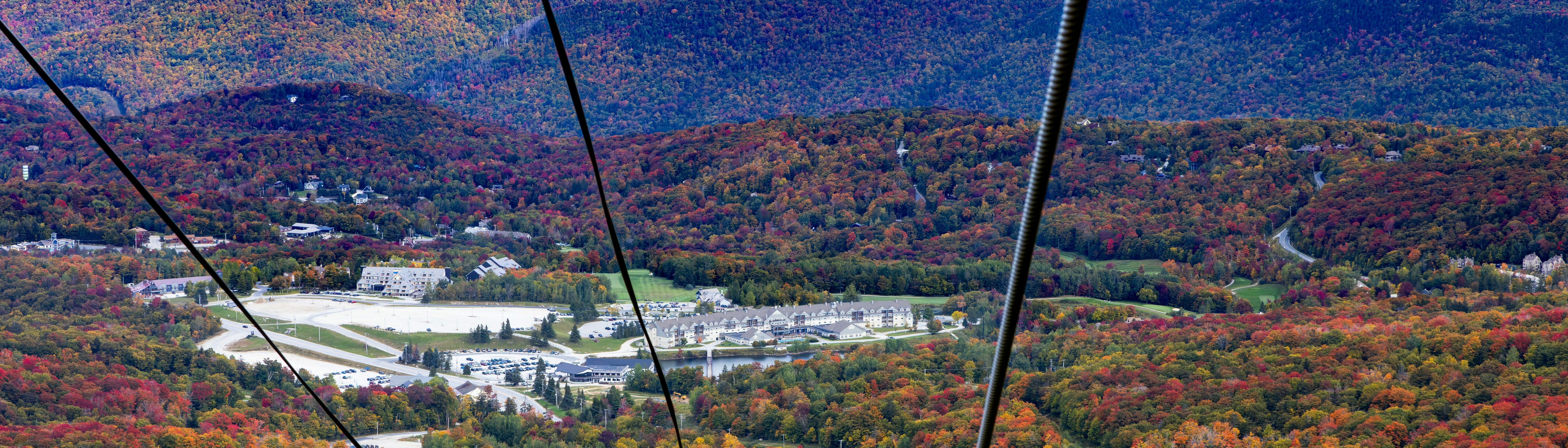 Aerial view of colorful autumn foliage and a resort area below.