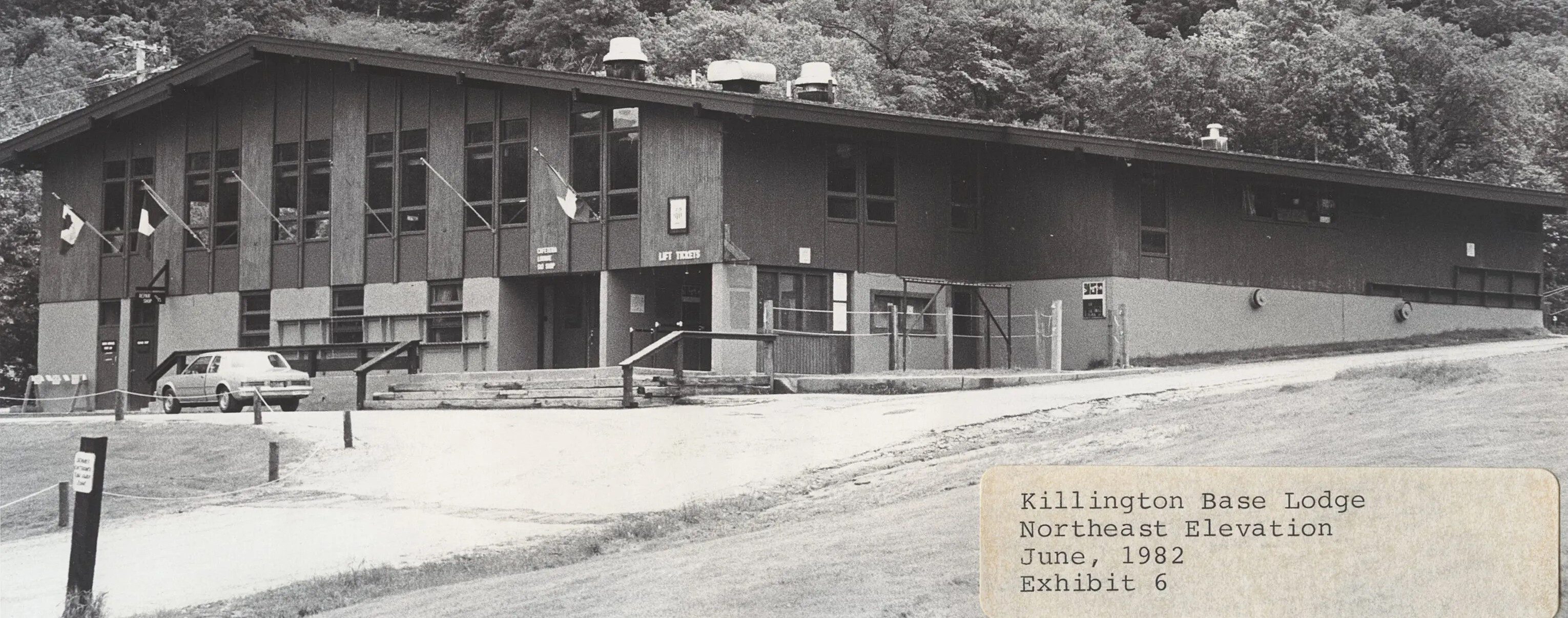 Black and white photo of Killington Base Lodge, June 1982, showcasing its architecture.