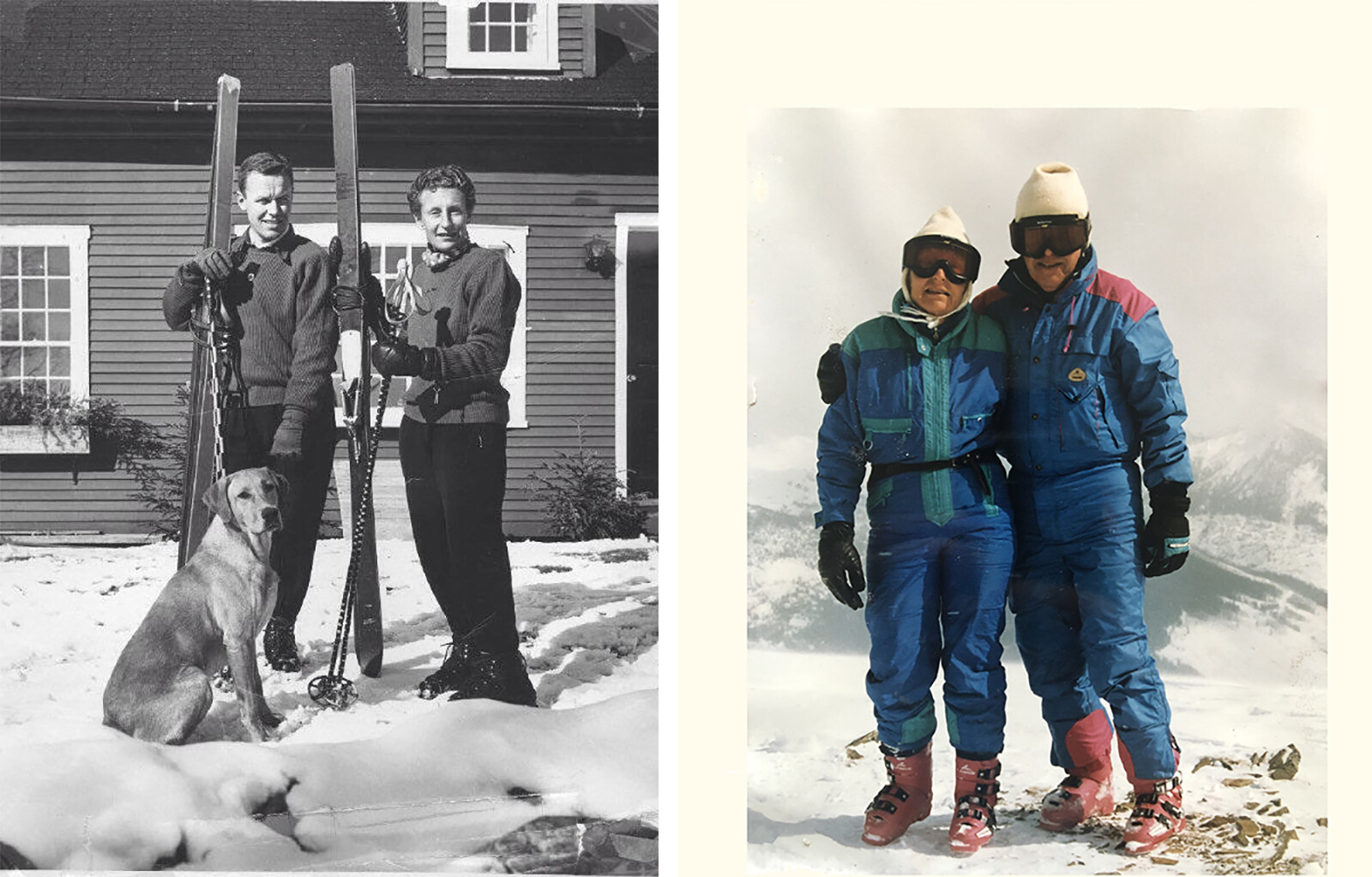Two pairs of skiers, one in vintage attire with a dog, the other in colorful modern gear.