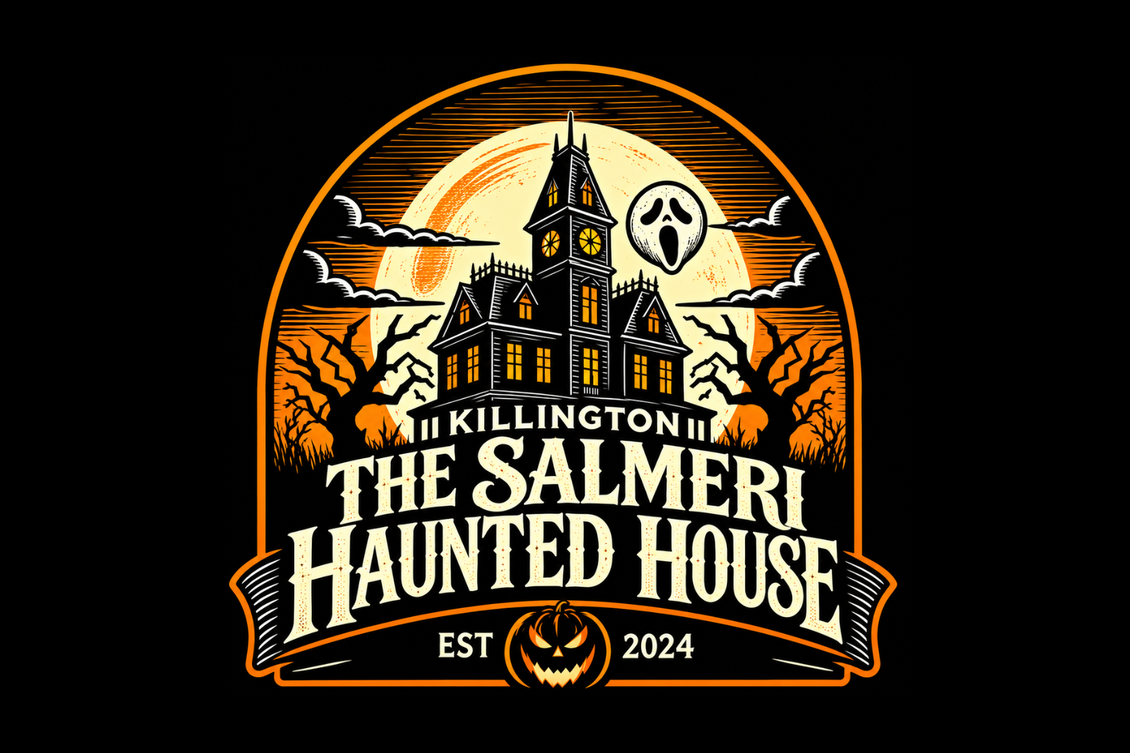 Logo for "The Salmeri Haunted House," featuring a spooky house, moon, and trees.