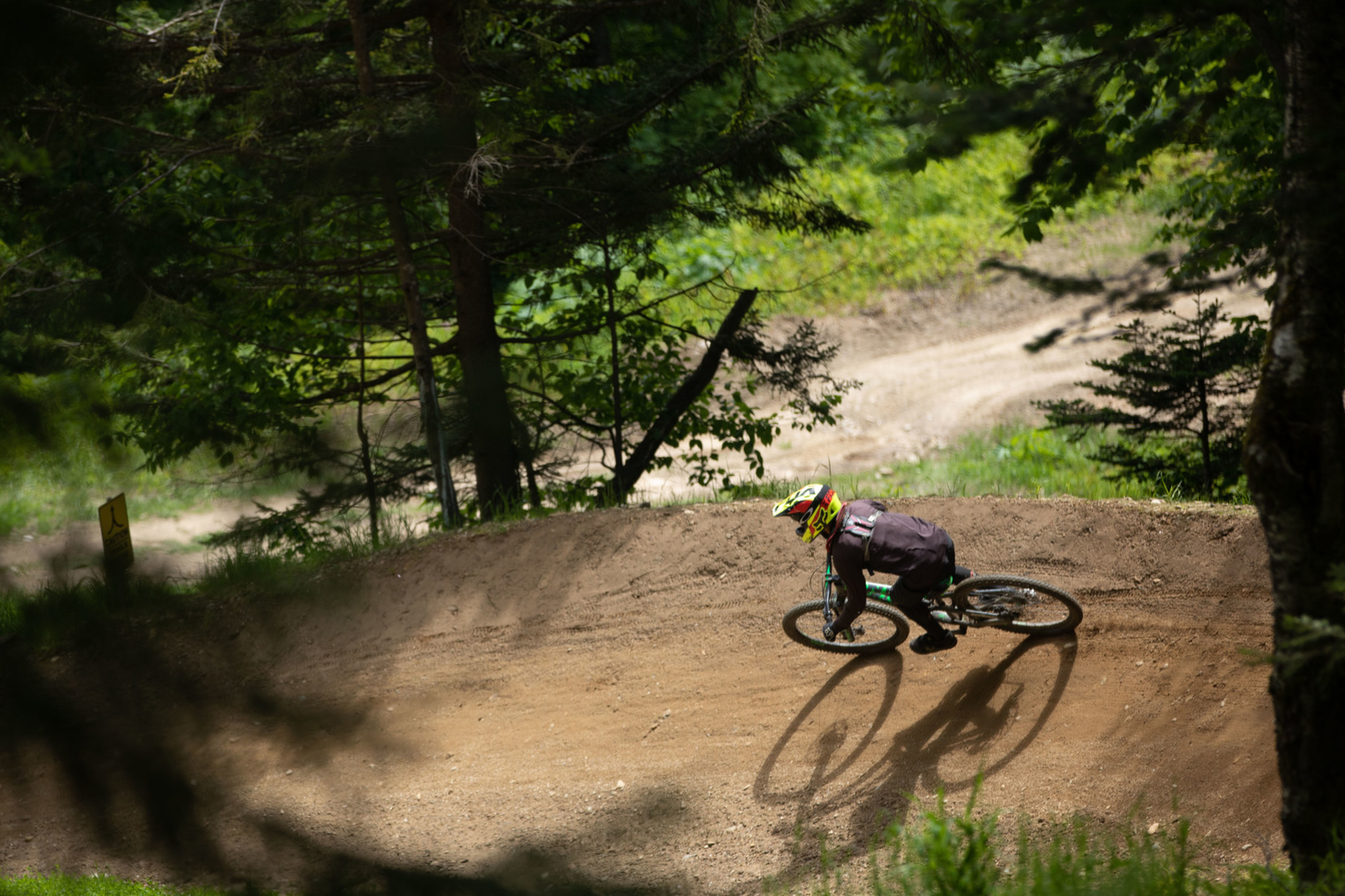 A mountain biker navigates a dirt trail through lush greenery.
