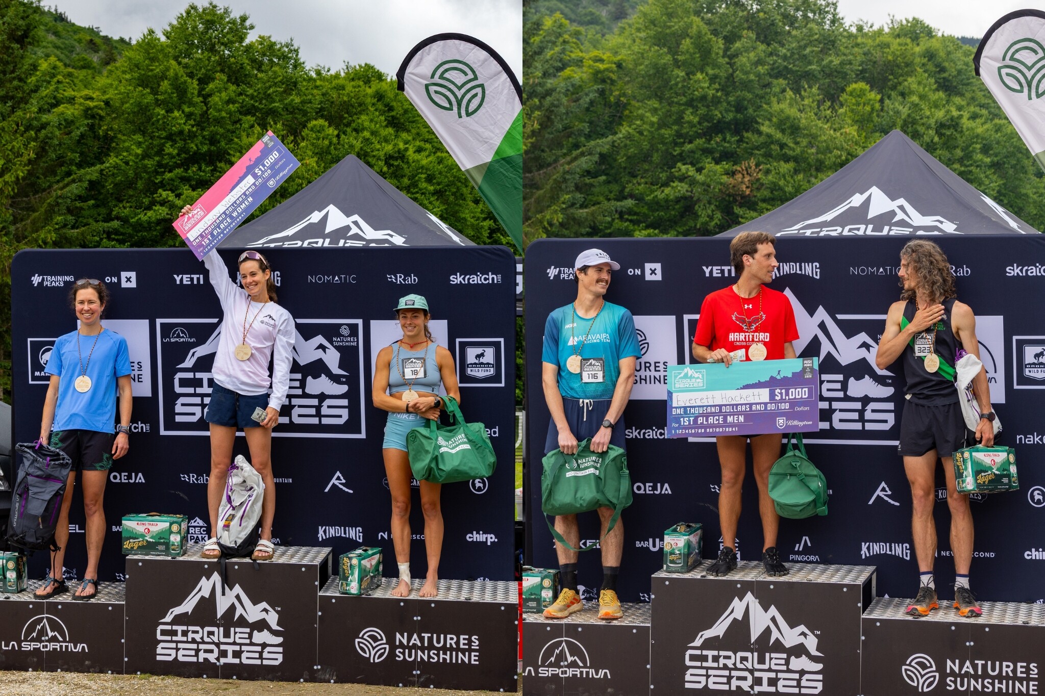 Winners on podiums at a Cirque Series, holding awards and prizes