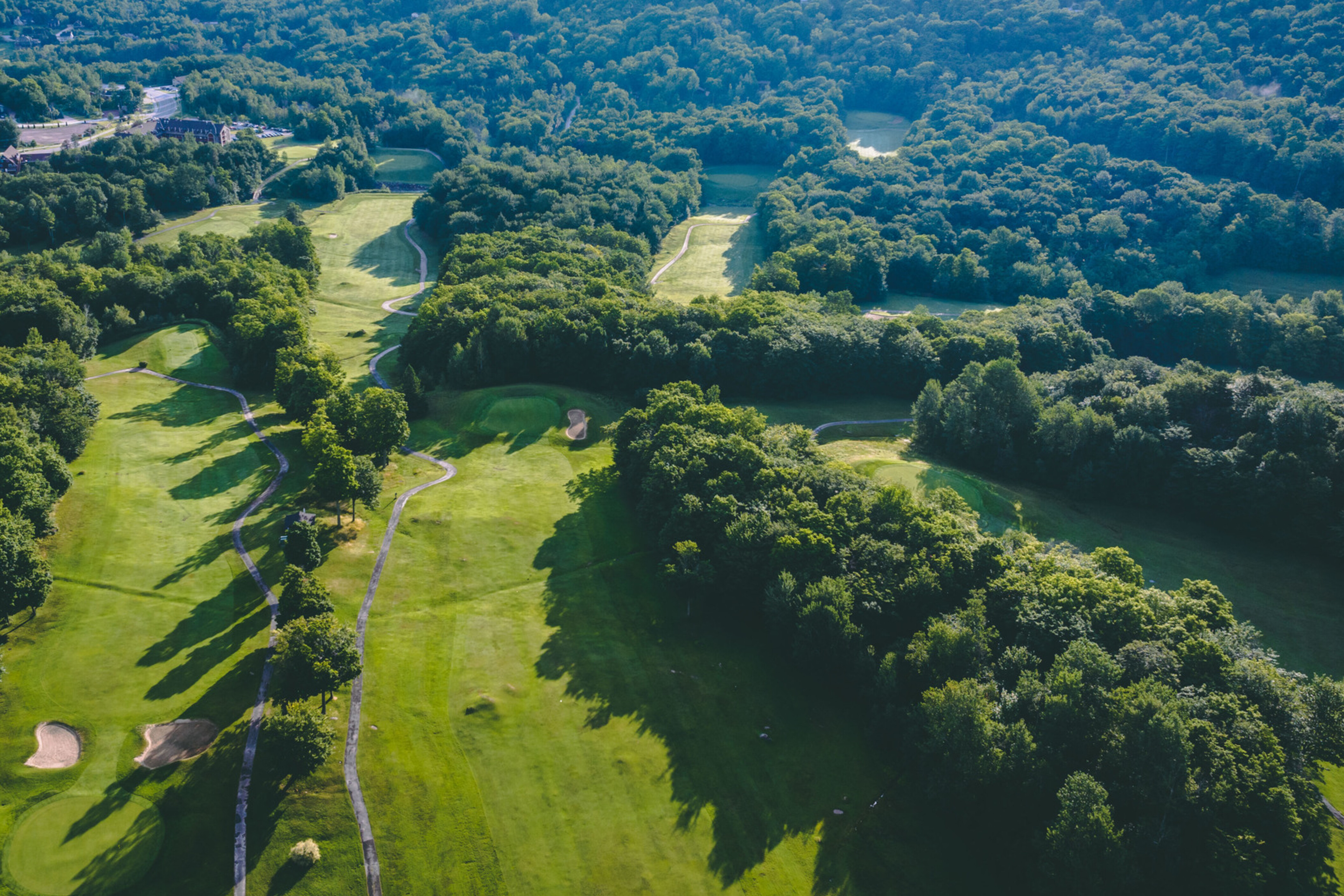 Aerial view of a lush golf course surrounded by dense greenery.