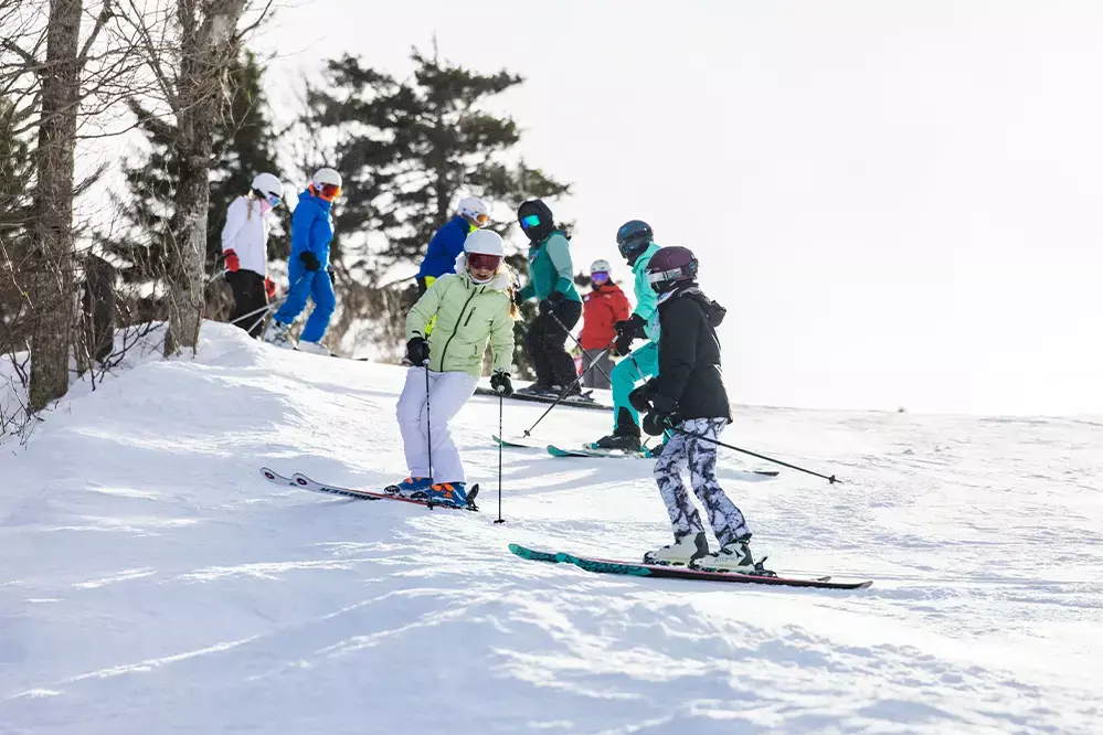 Skiers navigating a snowy slope with trees in the background on a sunny day.