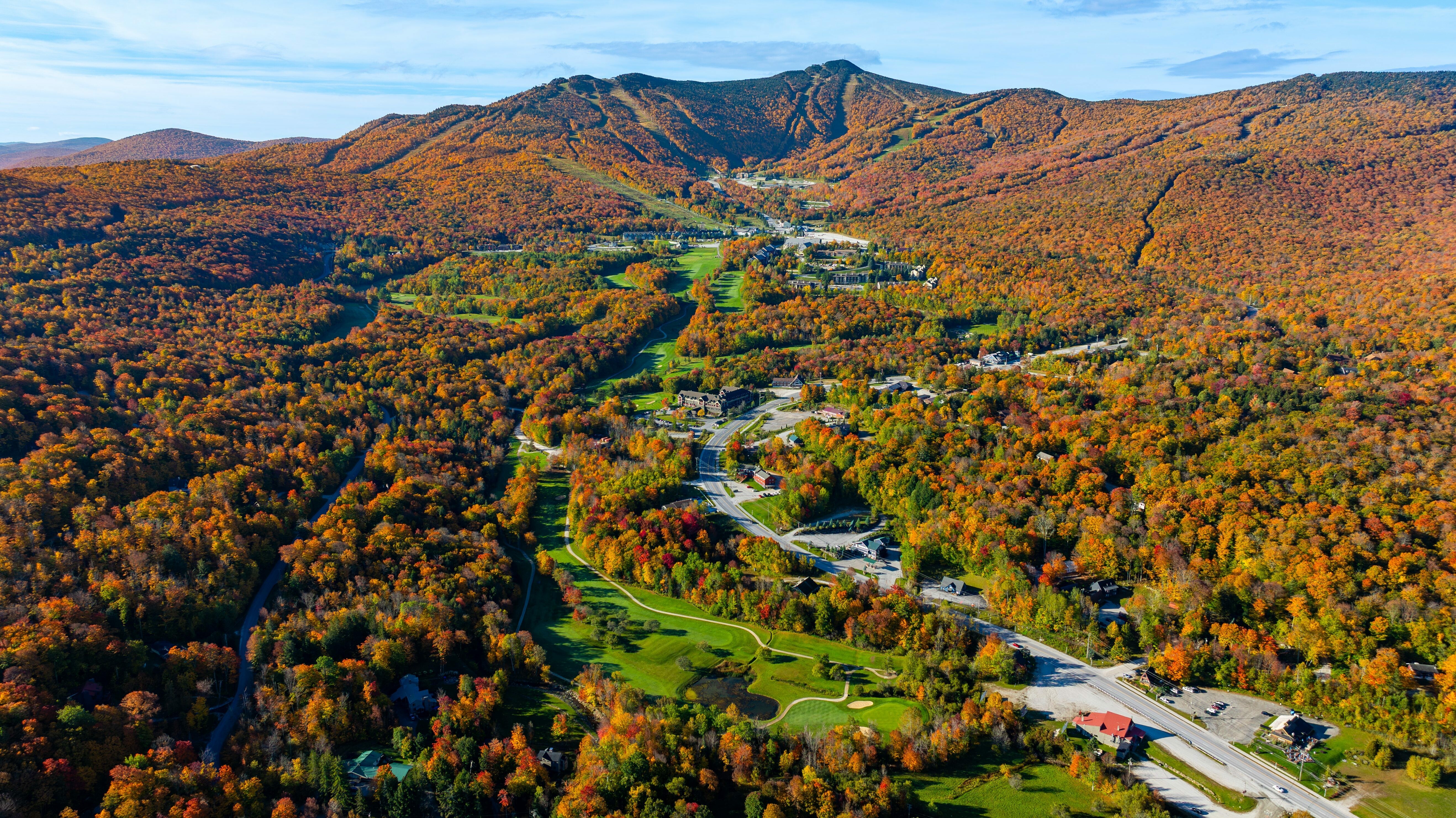 Aerial view of vibrant autumn foliage covering hills and valleys.