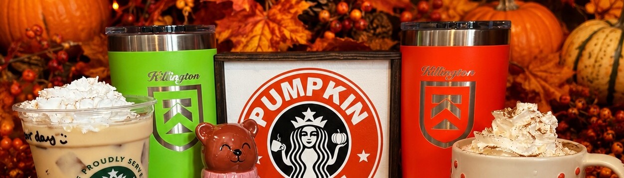 Fall-themed image with pumpkin drinks, mugs, and decorative autumn foliage.